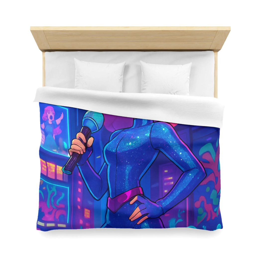 Housse de couette avec chanteuse animée en concert sur fond de ville illuminée