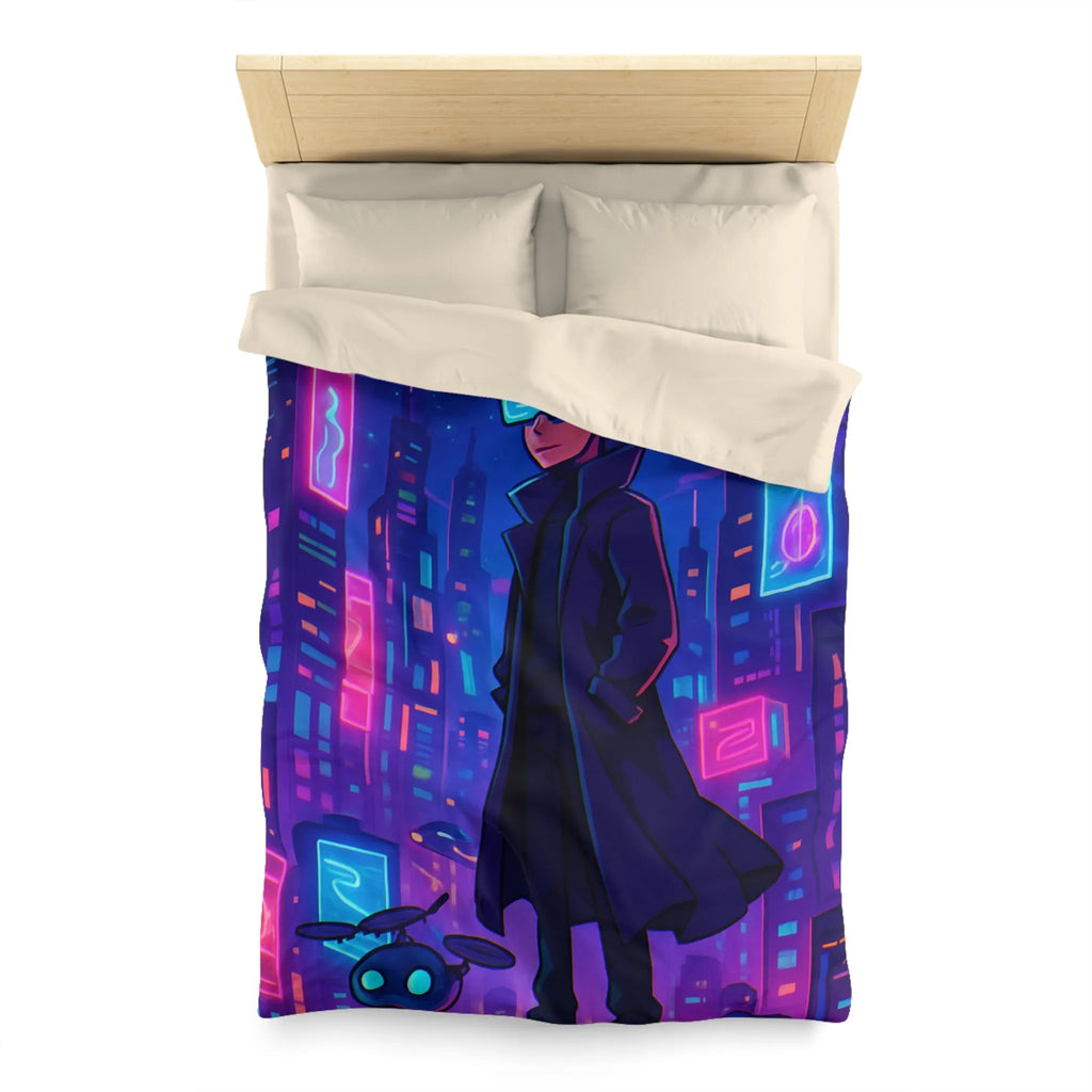 Housse de couette en néon futuriste avec personnage mystérieux et skyline cyberpunk