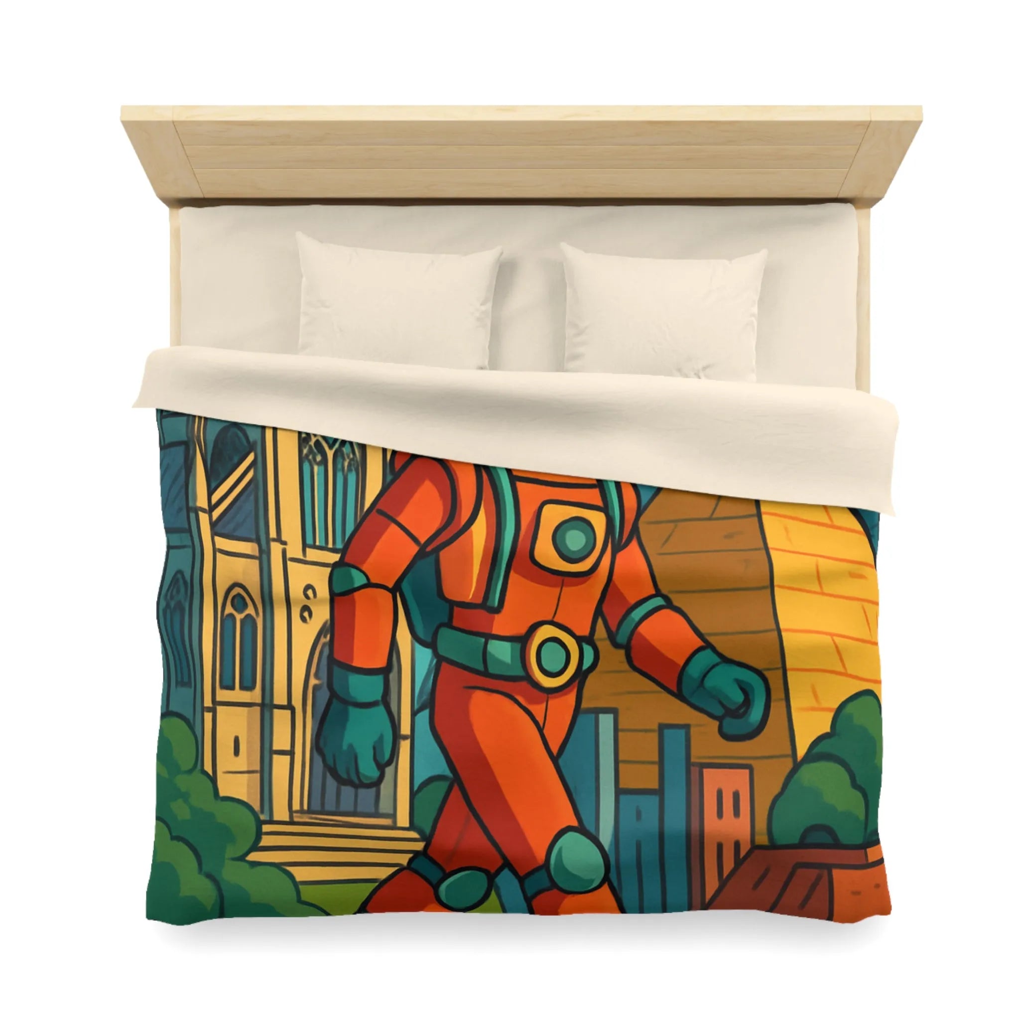 Housse de Couette Astronaute avec Paysages Urbains et Architecturaux, Couleurs Vives et Design Moderne