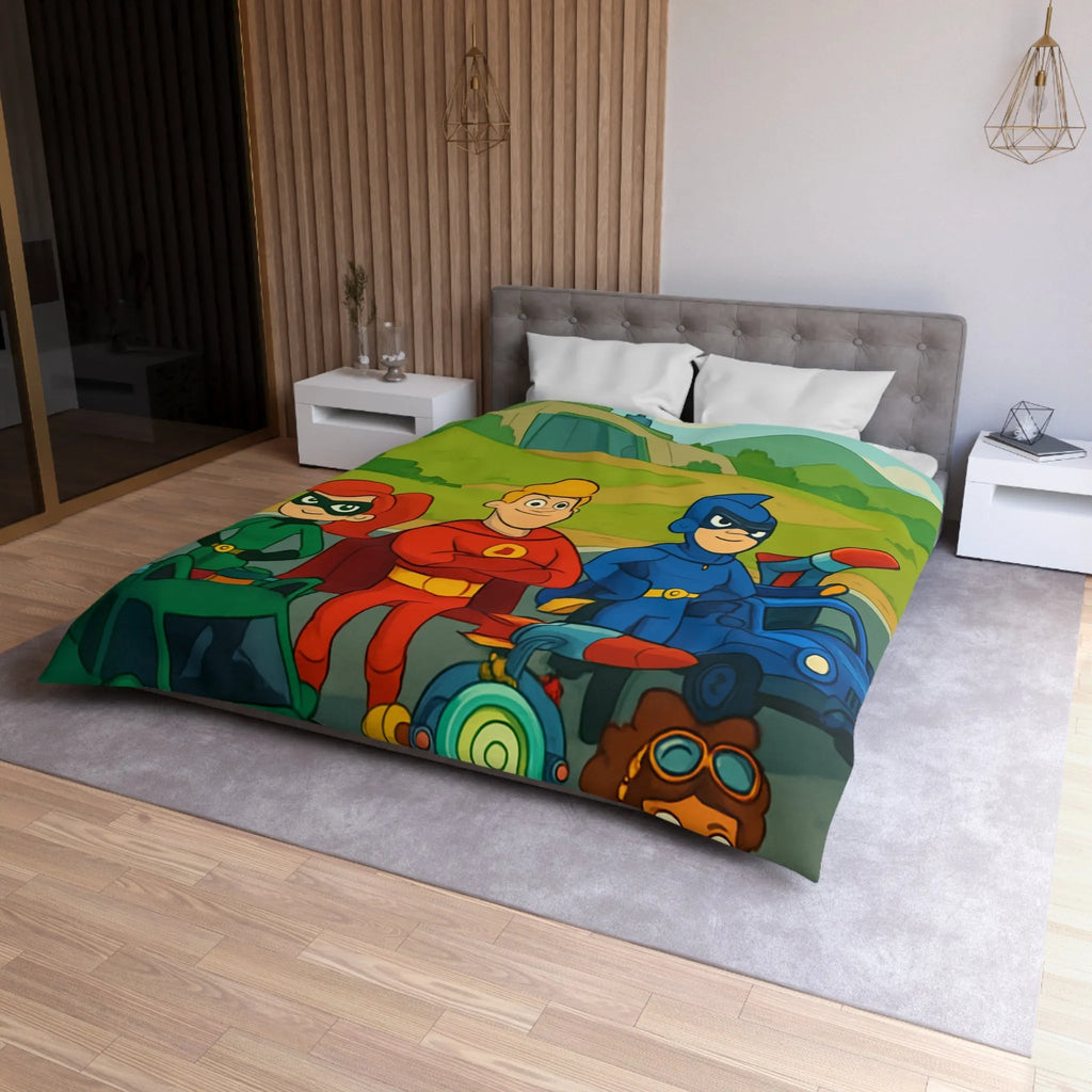 Housse de couette enfant avec super-héros et véhicules colorés dans paysage cartoon vibrant