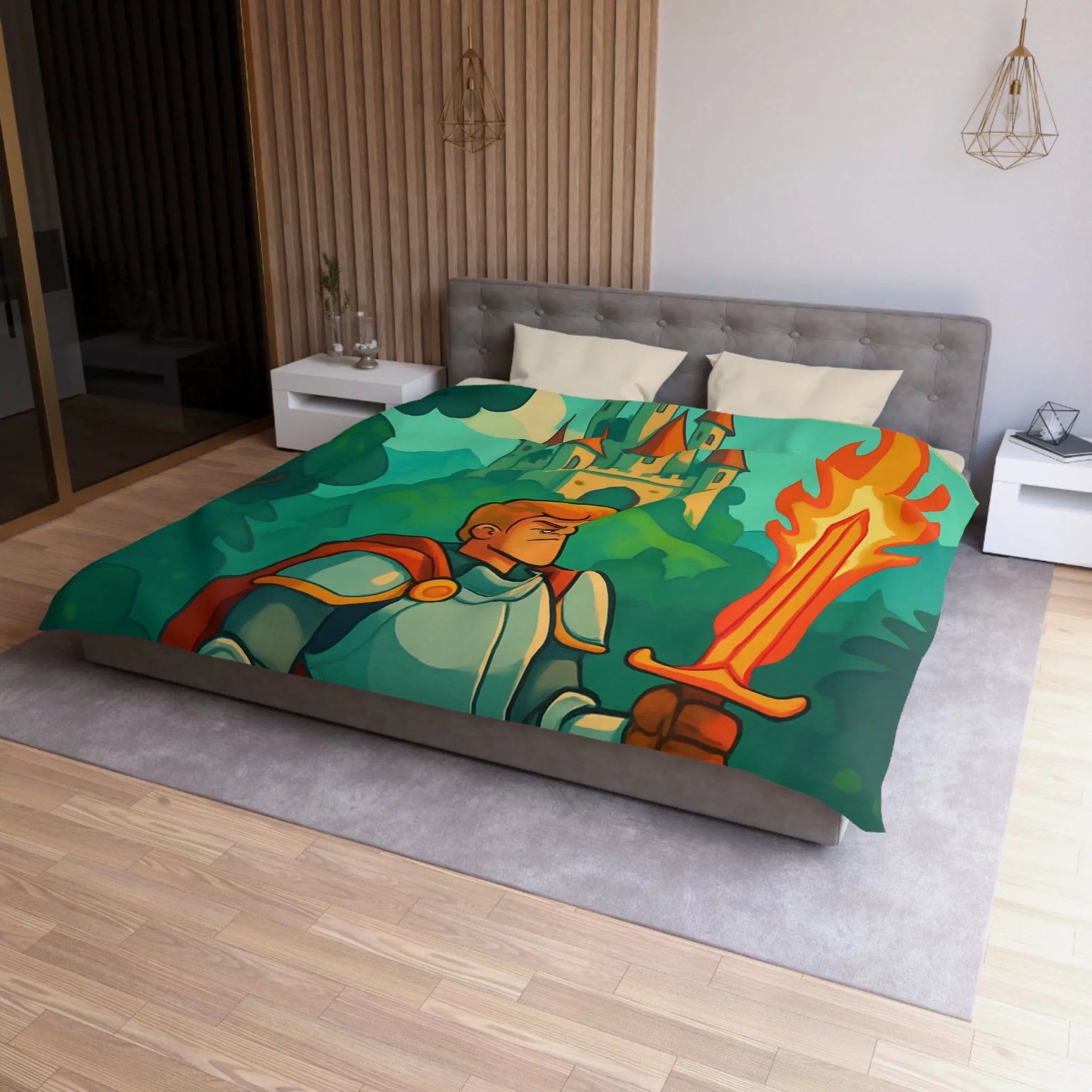 Housse de couette chevalier et dragon, ambiance médiévale fantastique aux couleurs vibrantes