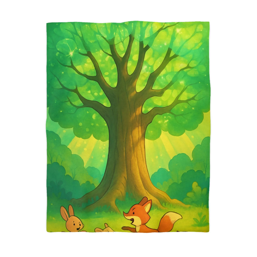 Charmante forêt enchantée avec animaux espiègles sous un majestueux arbre scintillant illustré