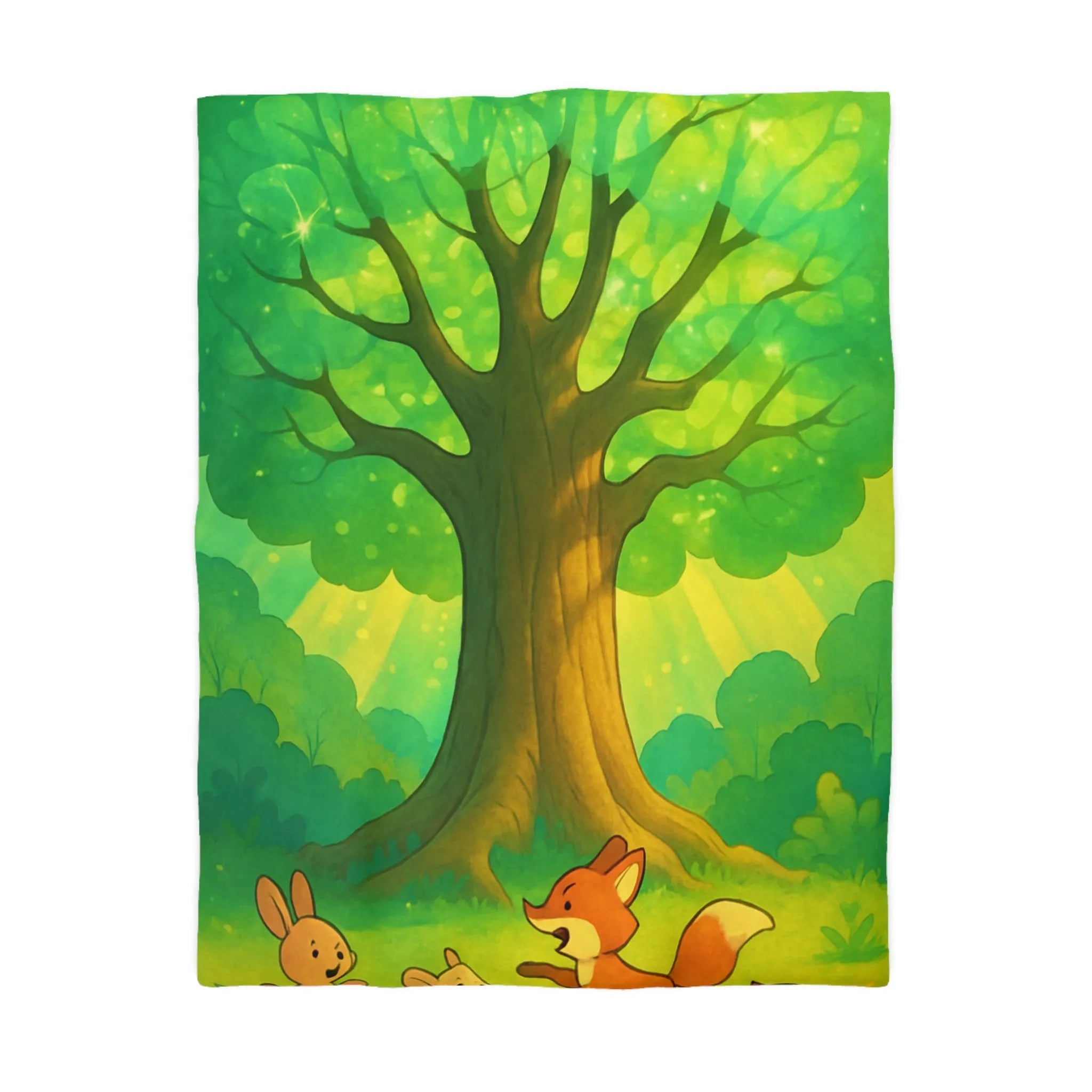 Charmante forêt enchantée avec animaux espiègles sous un majestueux arbre scintillant illustré