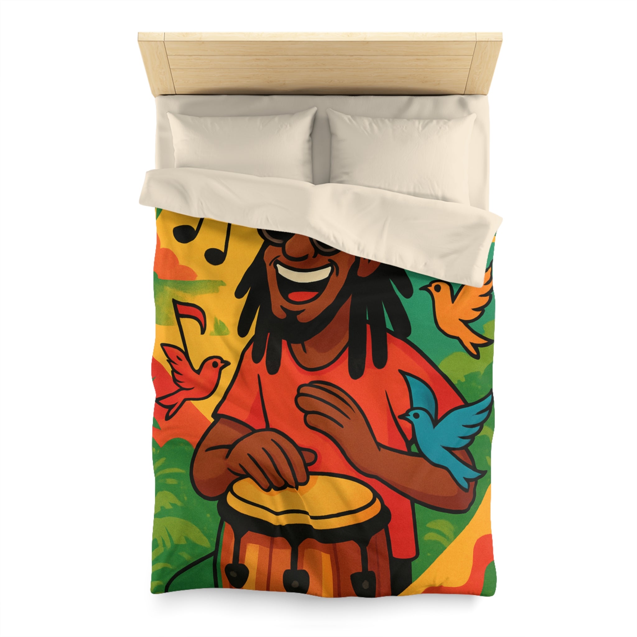 Housse de couette vibrante arc-en-ciel reggae avec tambour, palmiers et oiseaux colorés