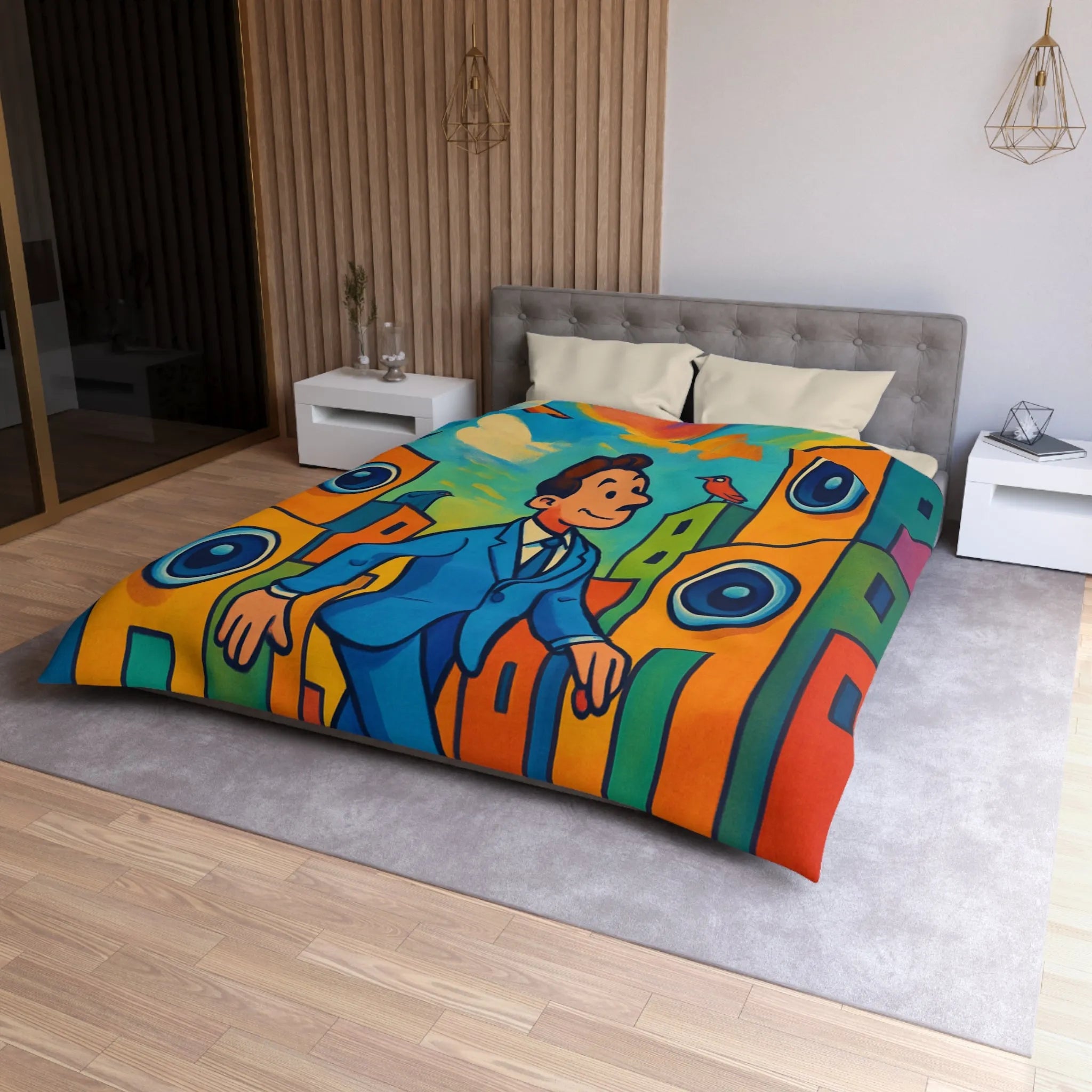 Housse de couette colorée avec homme stylisé marchant dans un paysage urbain coloré