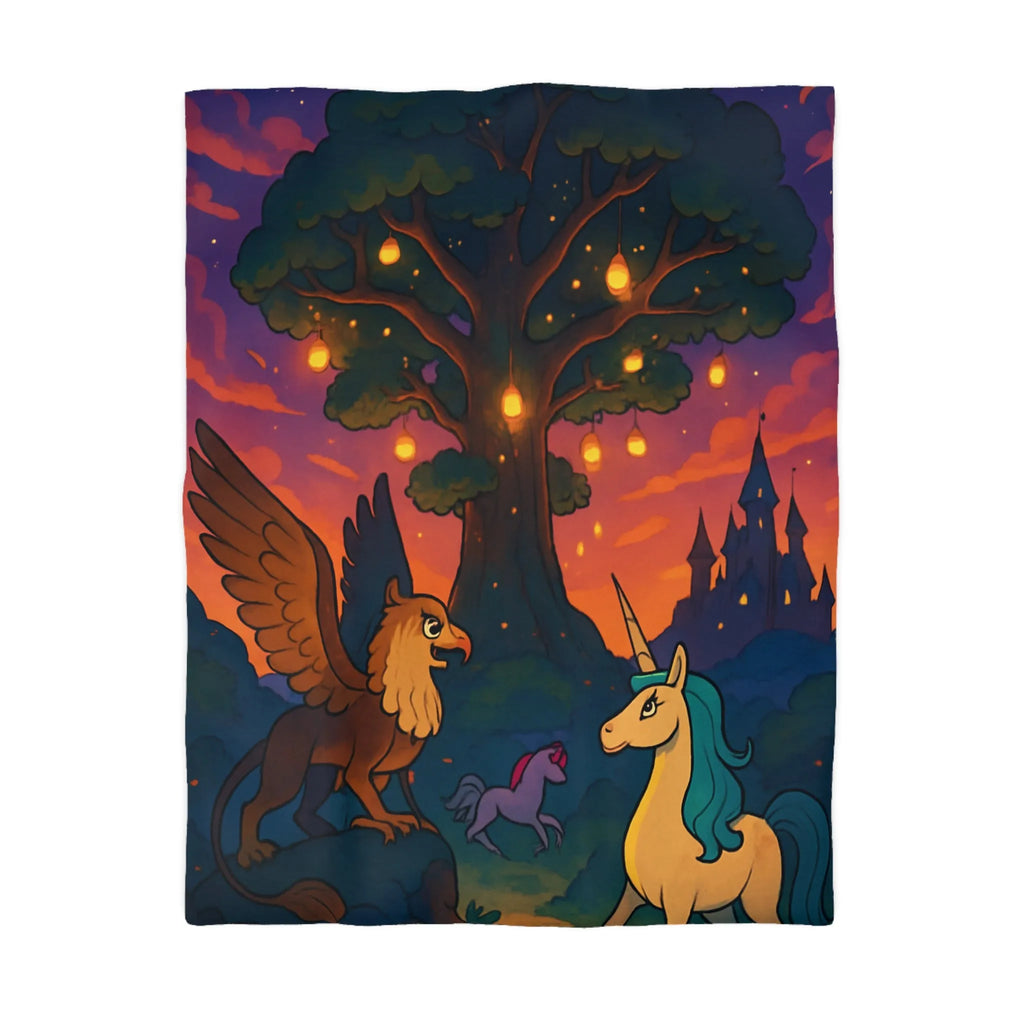 Housse de couette féerique avec licorne et griffon sous arbre lumineux au crépuscule