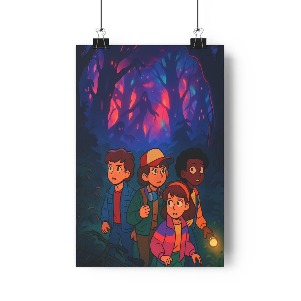 Poster décoratif enfants forêt mystérieuse silhouettes inquiétantes atmosphère rétro violet rouge chambre 30x46 cm