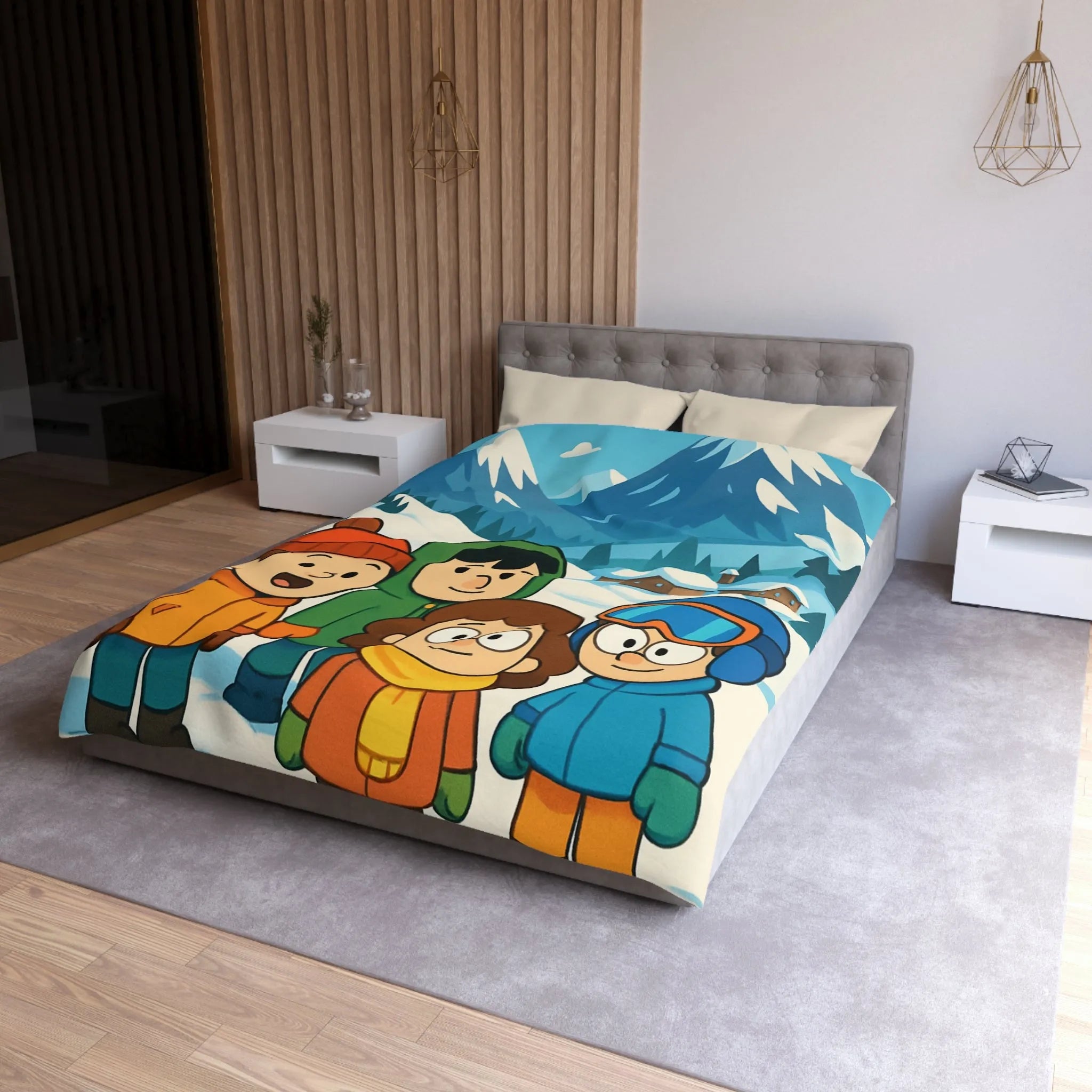 Housse de couette avec enfants joyeux et montagnes enneigées pour chambre d'enfant