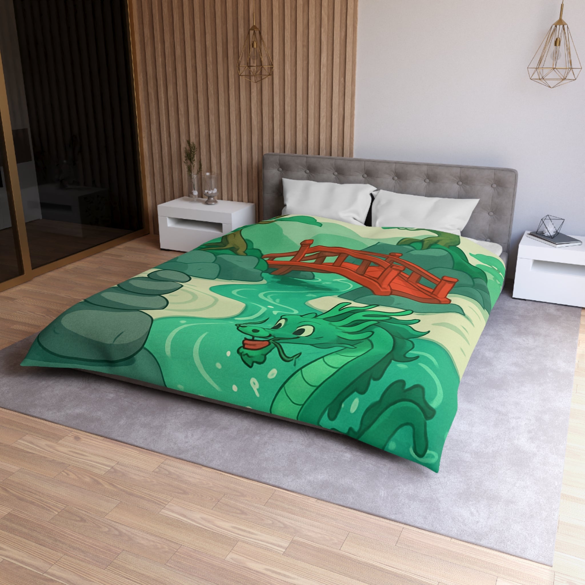 Magnifique housse de couette dragon vert dans jardin zen avec pont rouge