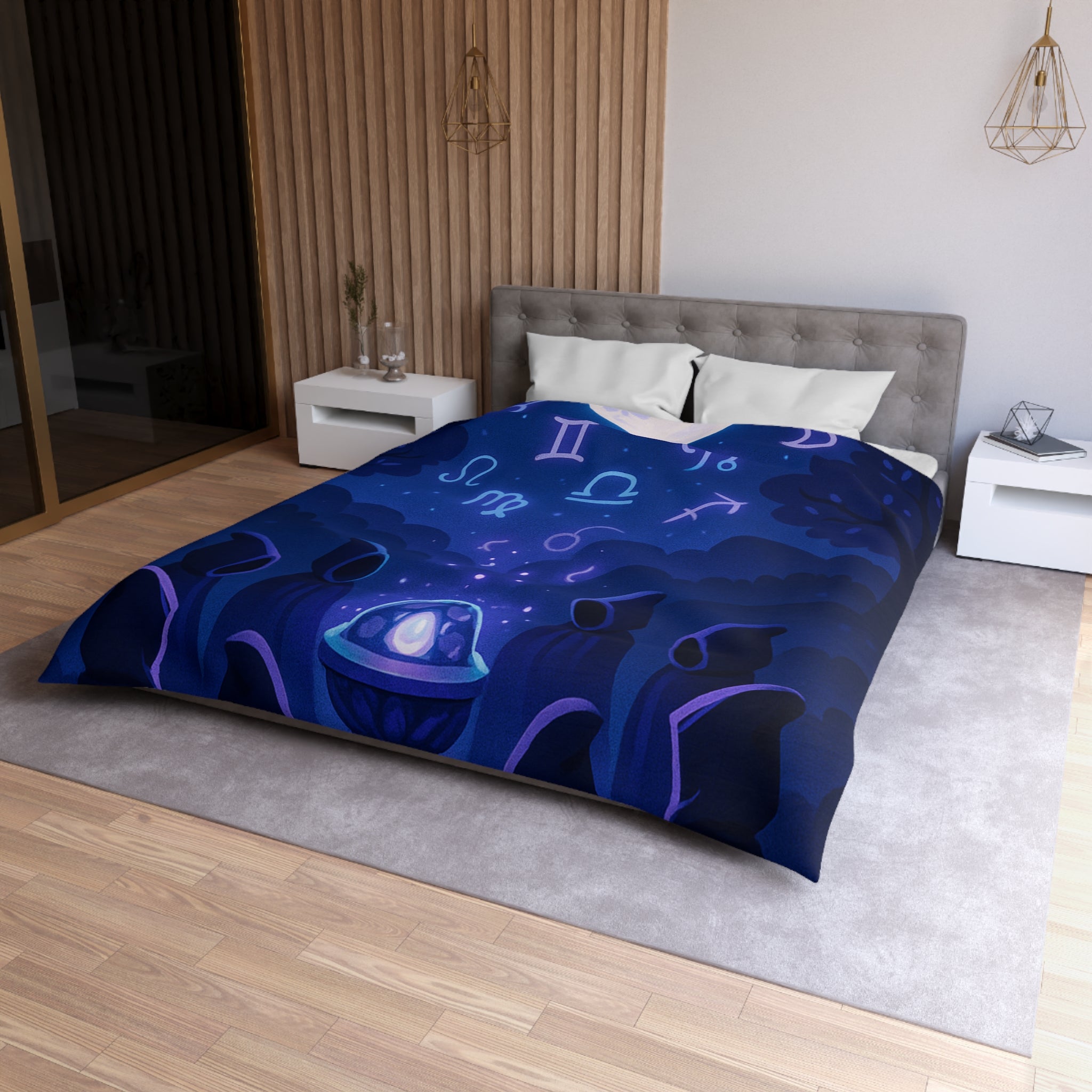 Housse de couette mystique avec symboles zodiacaux et lune pour ambiance ésotérique