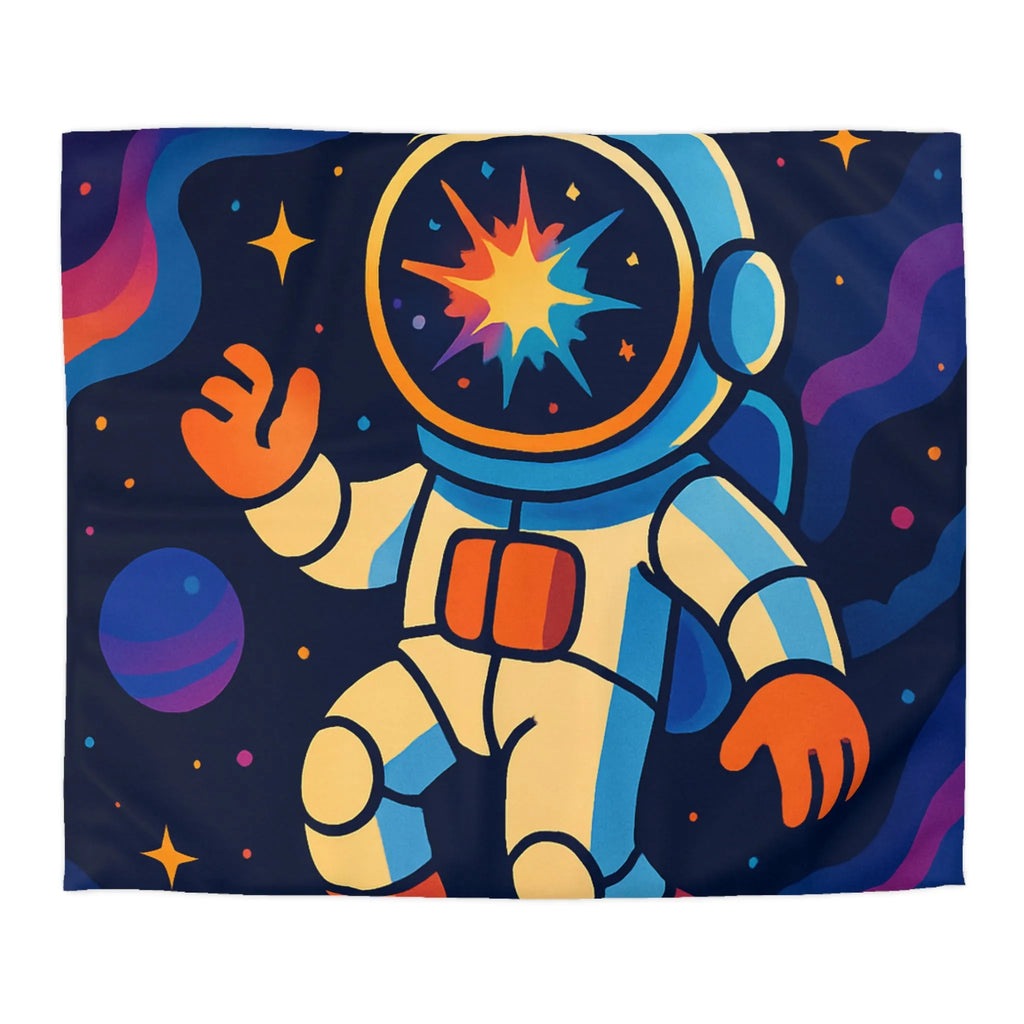 Housse de Couette Astronaute Colorée Flottant dans Cosmos Rempli de Planètes Vives et Coeurs