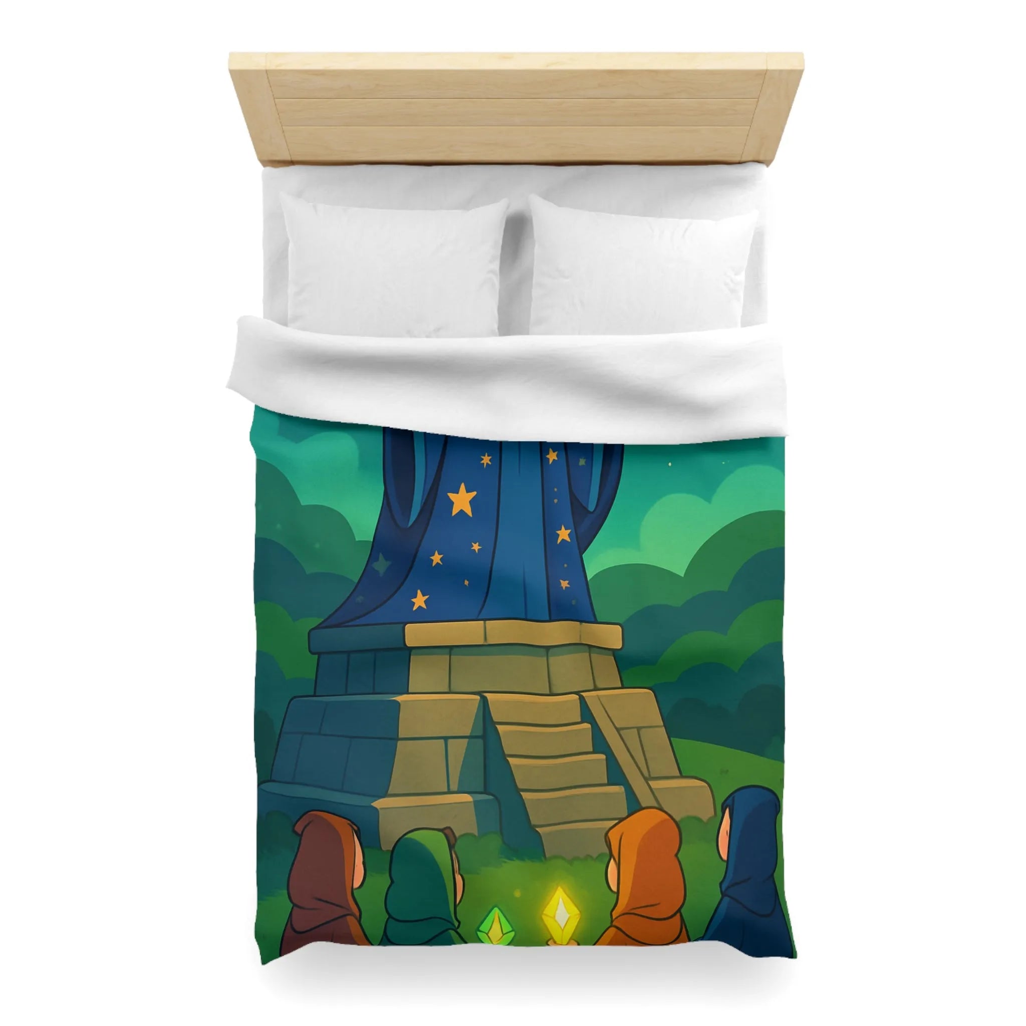 Housse de couette fantaisie avec sorcier et cristaux lumineux dans un paysage étoilé