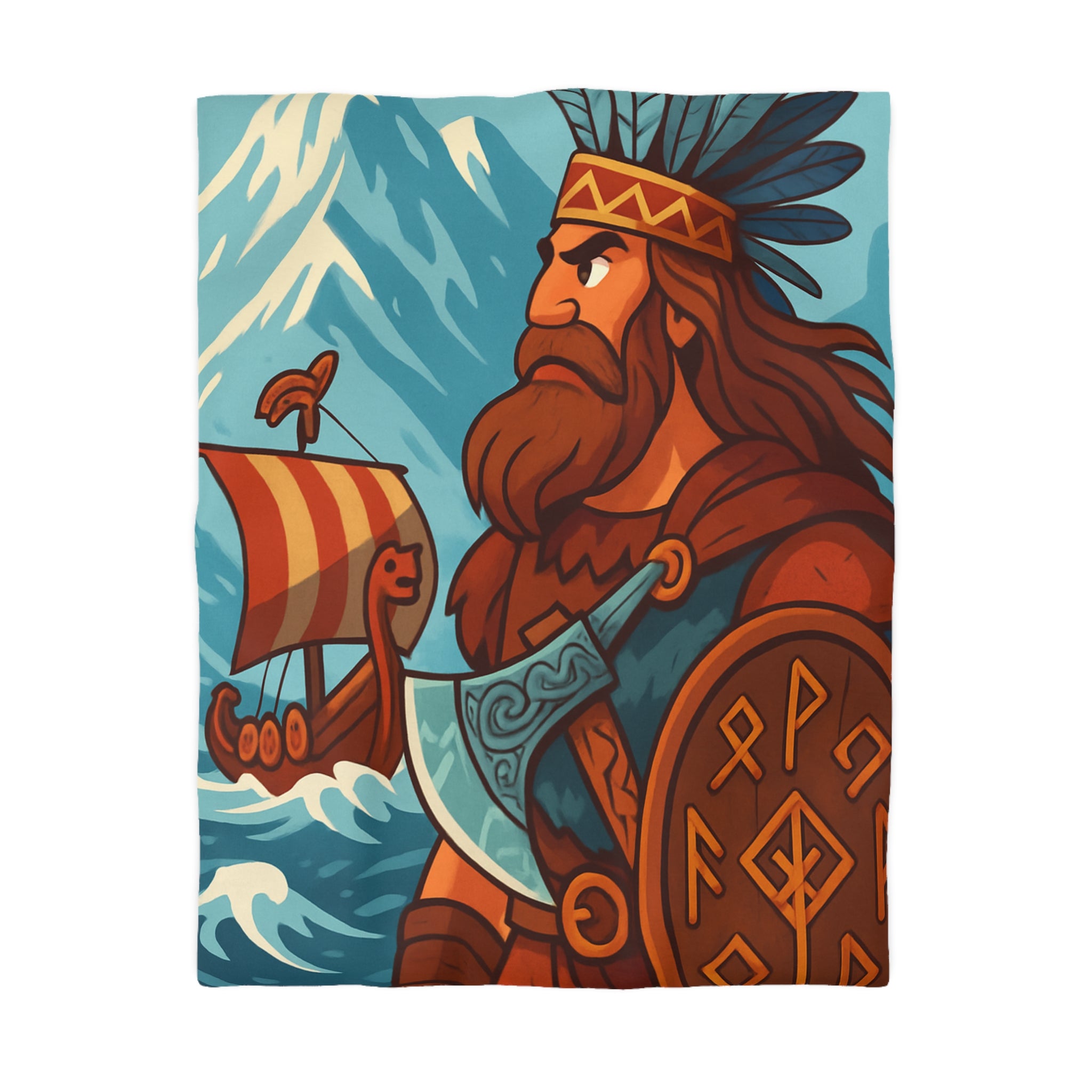 Housse de couette viking avec guerrier, montagne, navire, mer, motifs runiques