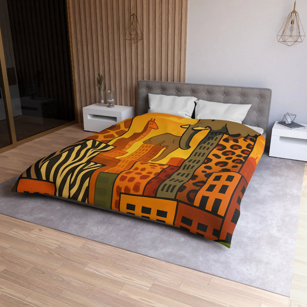Housse de couette jungle urbaine : gratte-ciel animaux dans tons chauds, motif sauvage