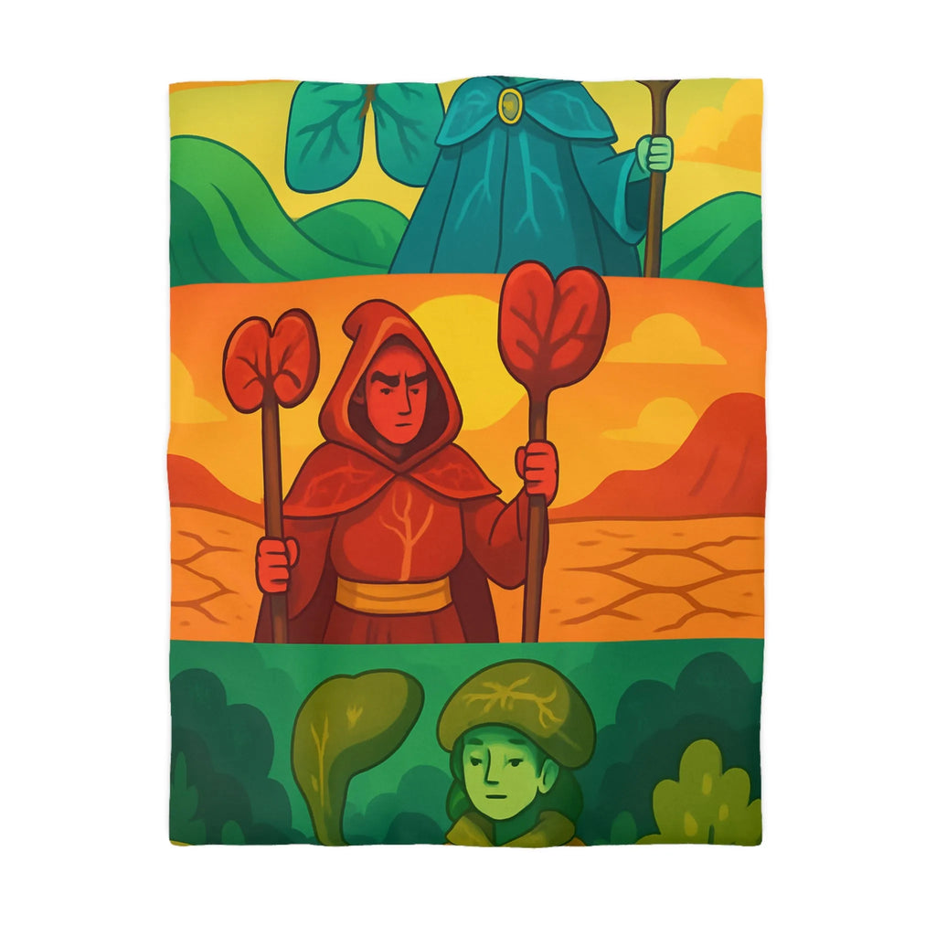 Housse de couette colorée avec trois mages, nature et paysages stylisés, ambiance apaisante