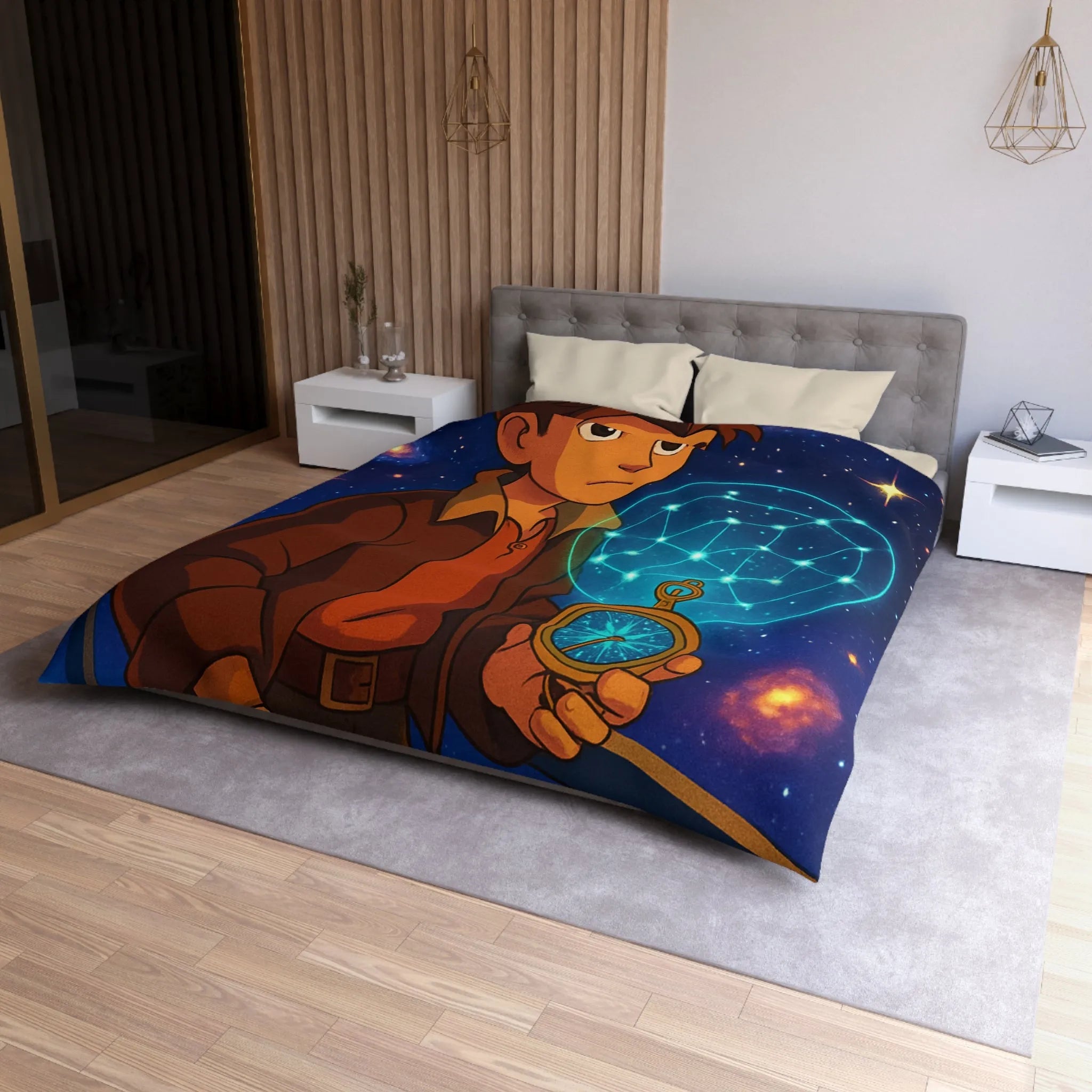 Housse de Couette Enfant Univers Galactique Garçon et Boussole Vintage Motif Étoilé