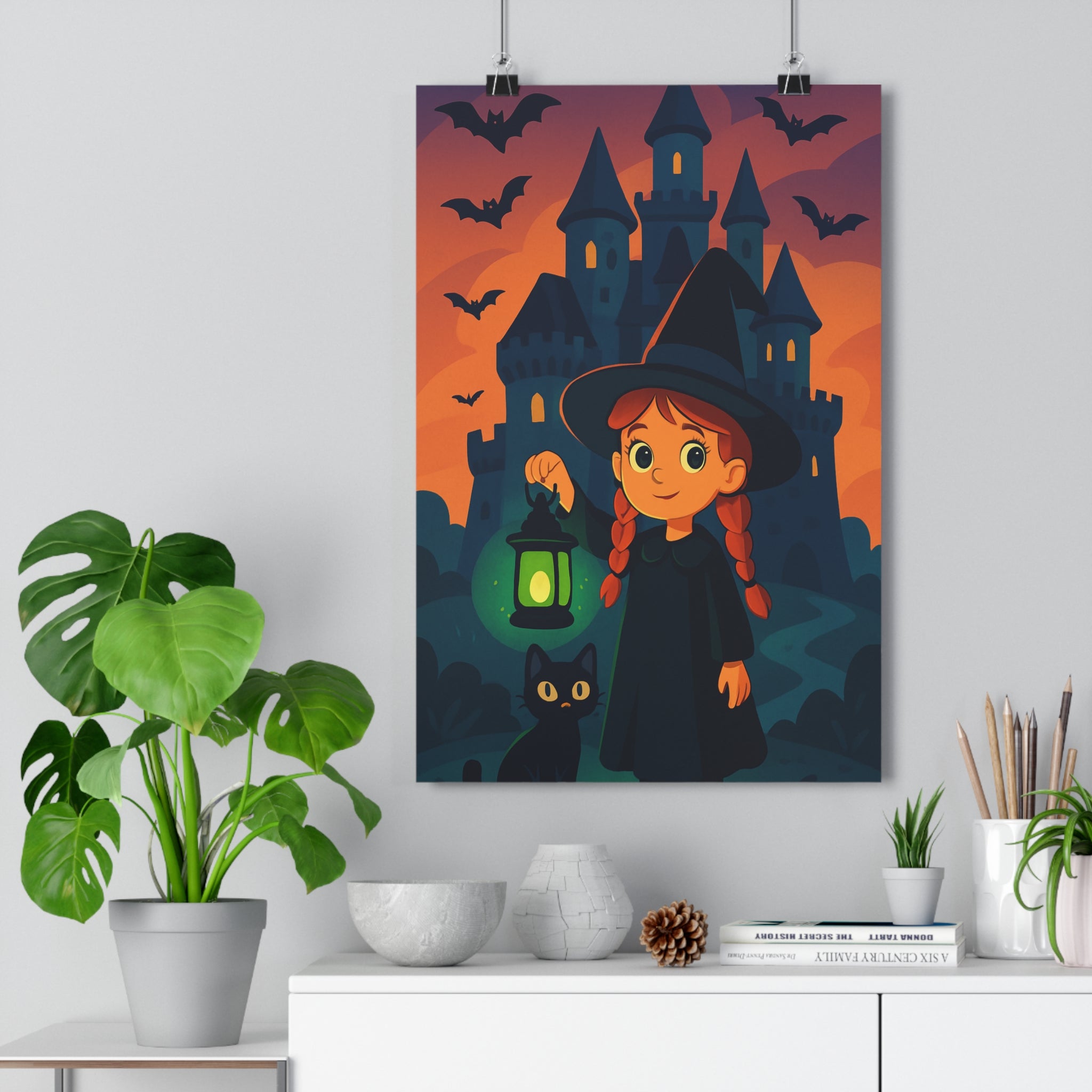 Poster décoratif fantastique sorcière château noir mystique cartoon enfant chambre 30x46 lanterne enchantée ambiant