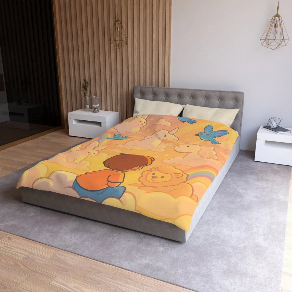 Housse de Couette Enfantine avec Licornes, Lapins et Oiseaux dans les Nuages Pastels