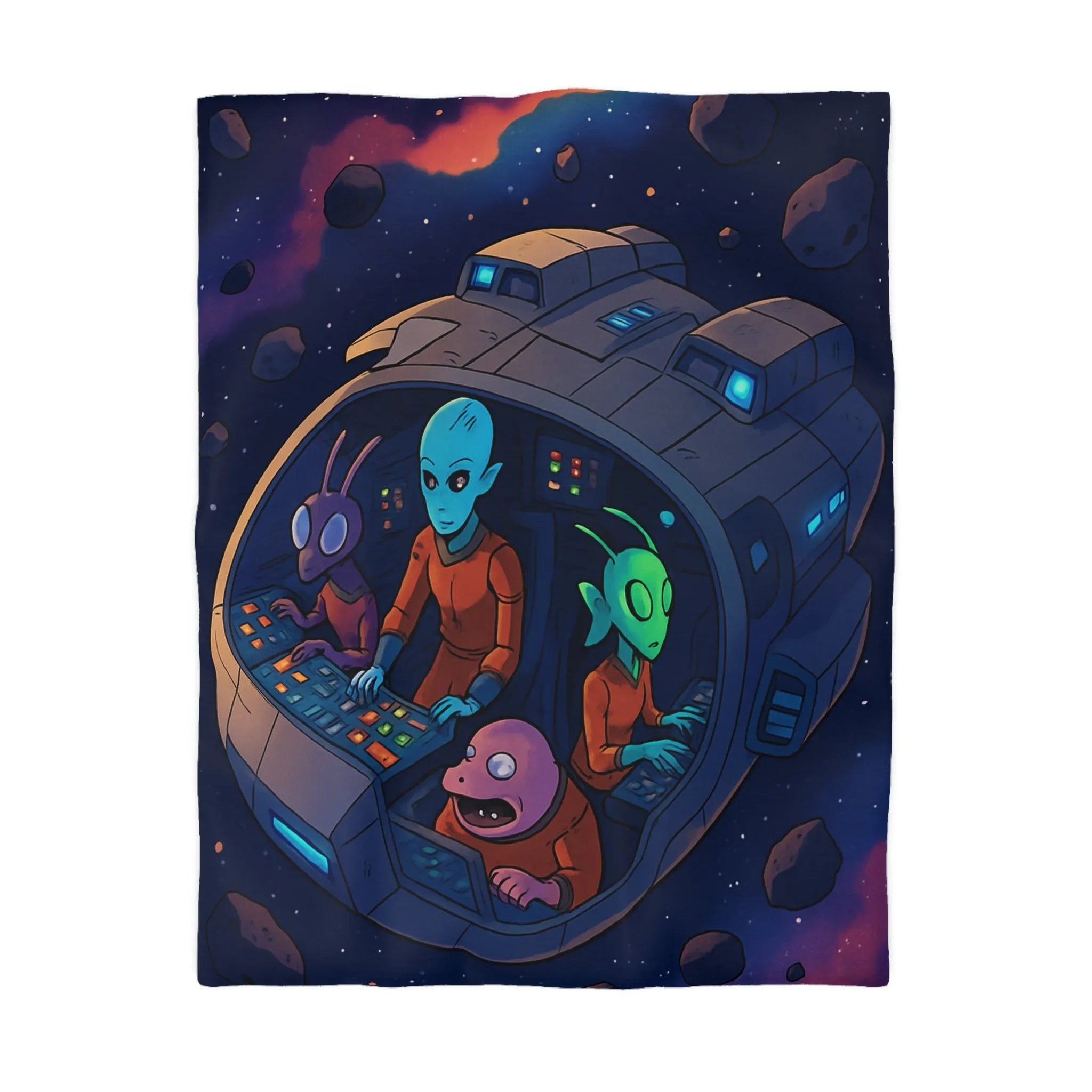 Housse de couette colorée avec extraterrestres dans un vaisseau spatial naviguant dans l'espace