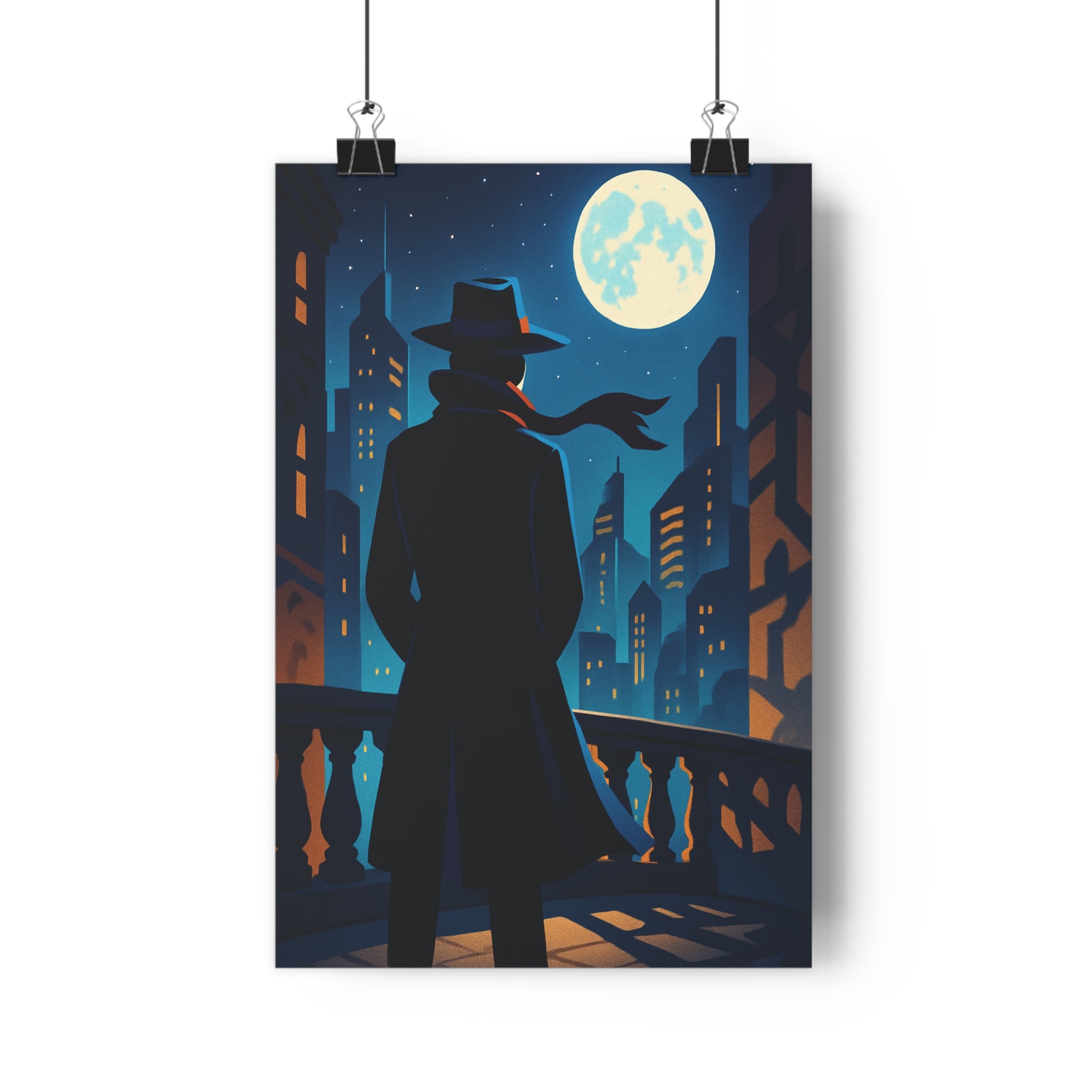 Poster décoratif mystérieux bleu nuit argenté silhouette cartoon chambre salon élégance moderne ambiance captivante