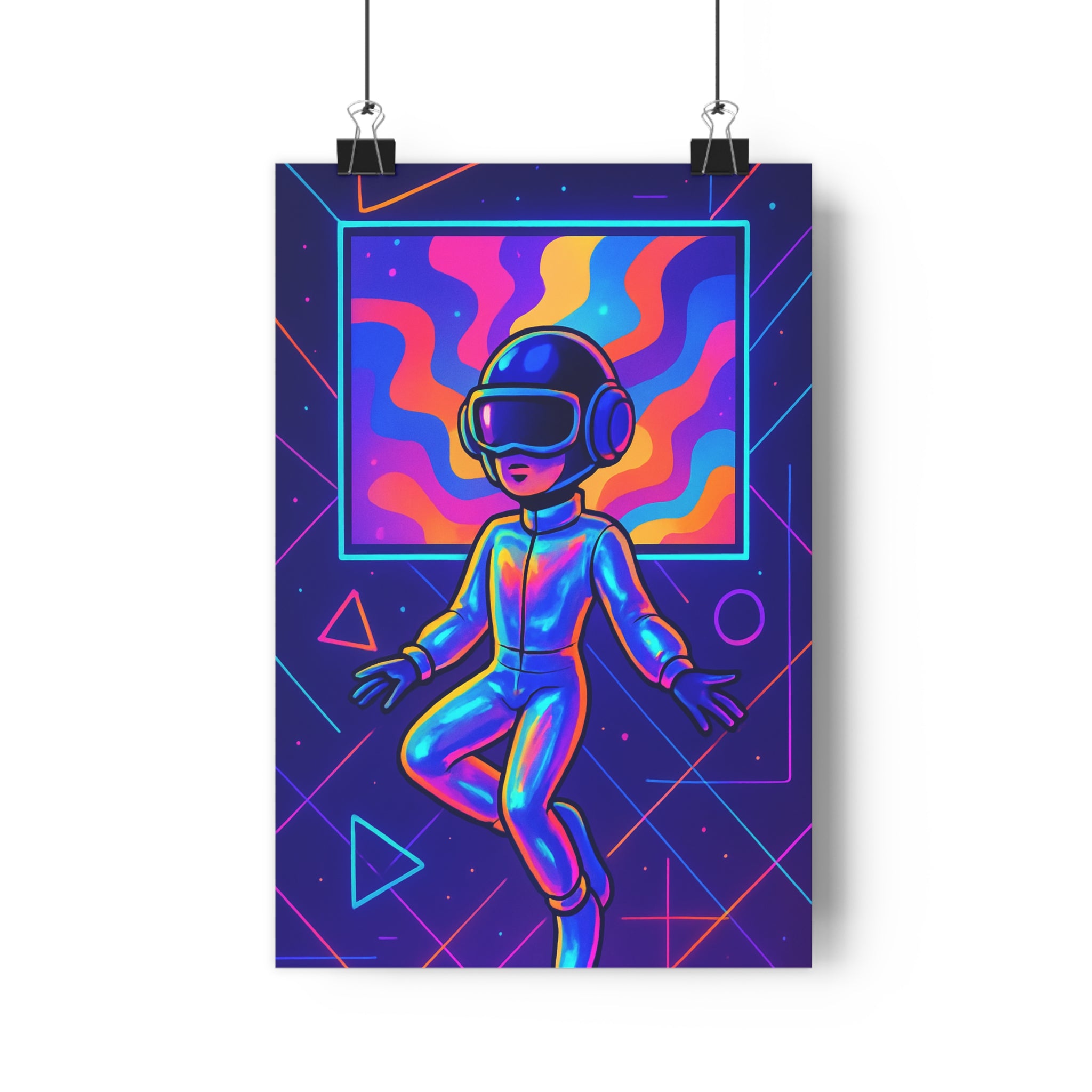 Poster décoratif futuriste cyberpunk néon bleu rose chambre moderne vibrant dynamique personnage casque combinaison