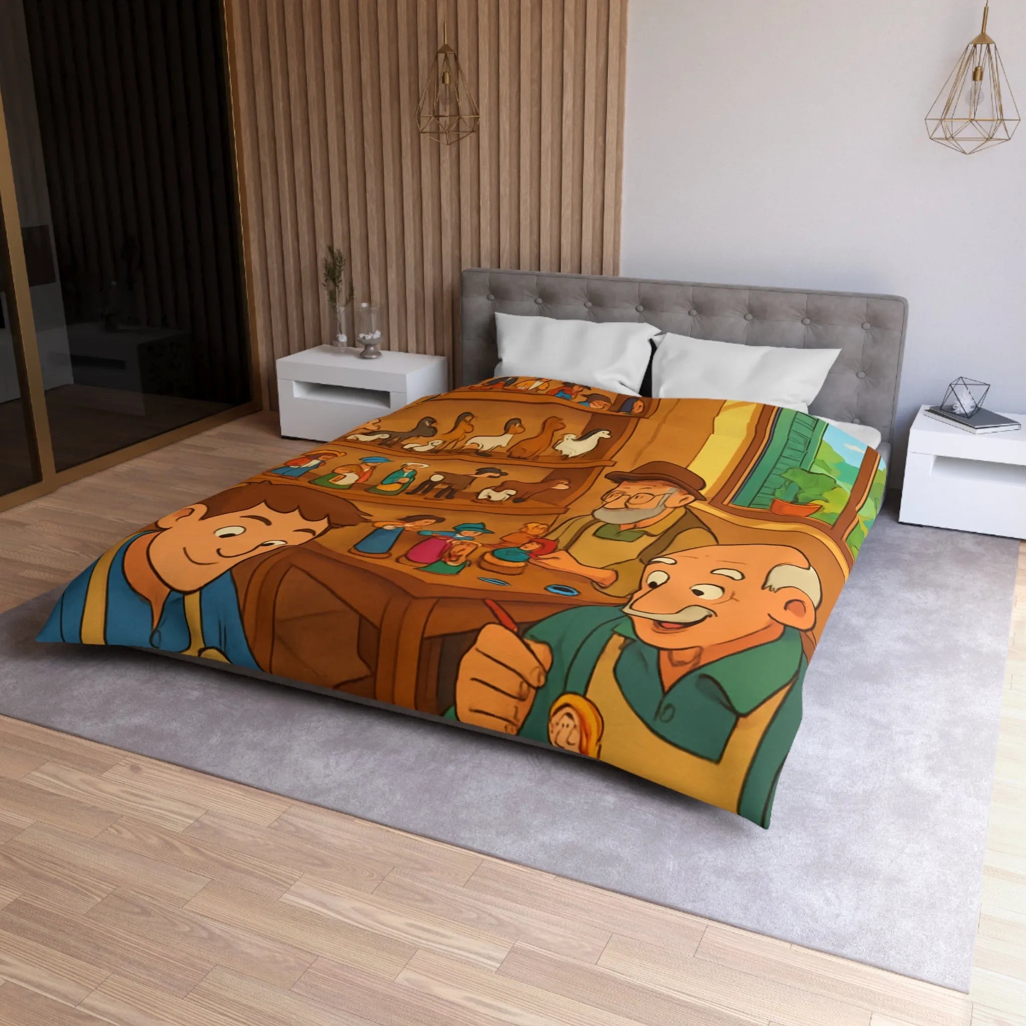 Housse de couette chaleureuse avec scène artisanale, figurines en bois colorées et personnages souriants