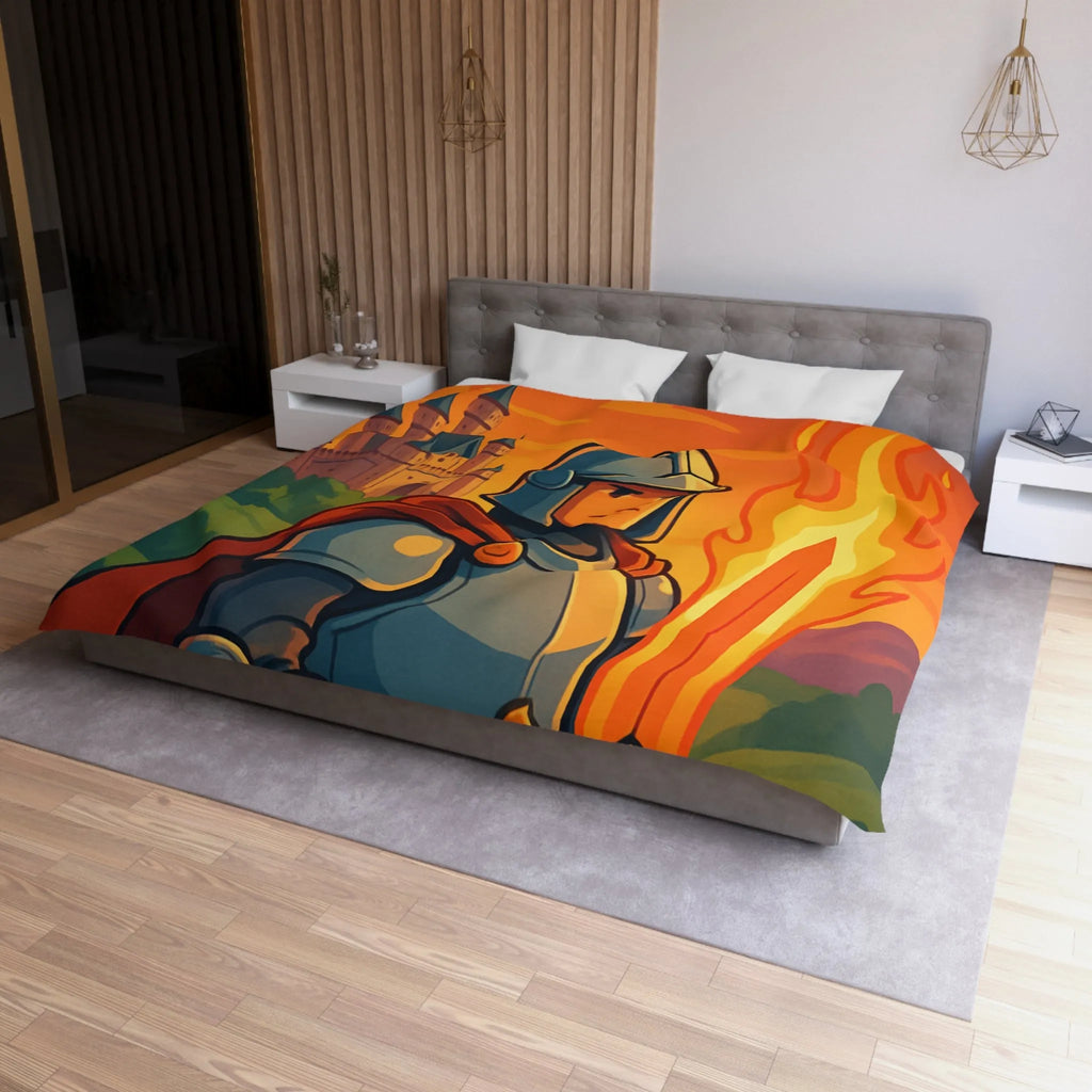 Housse de couette médiévale avec chevalier, épée enflammée et dragons au crépuscule