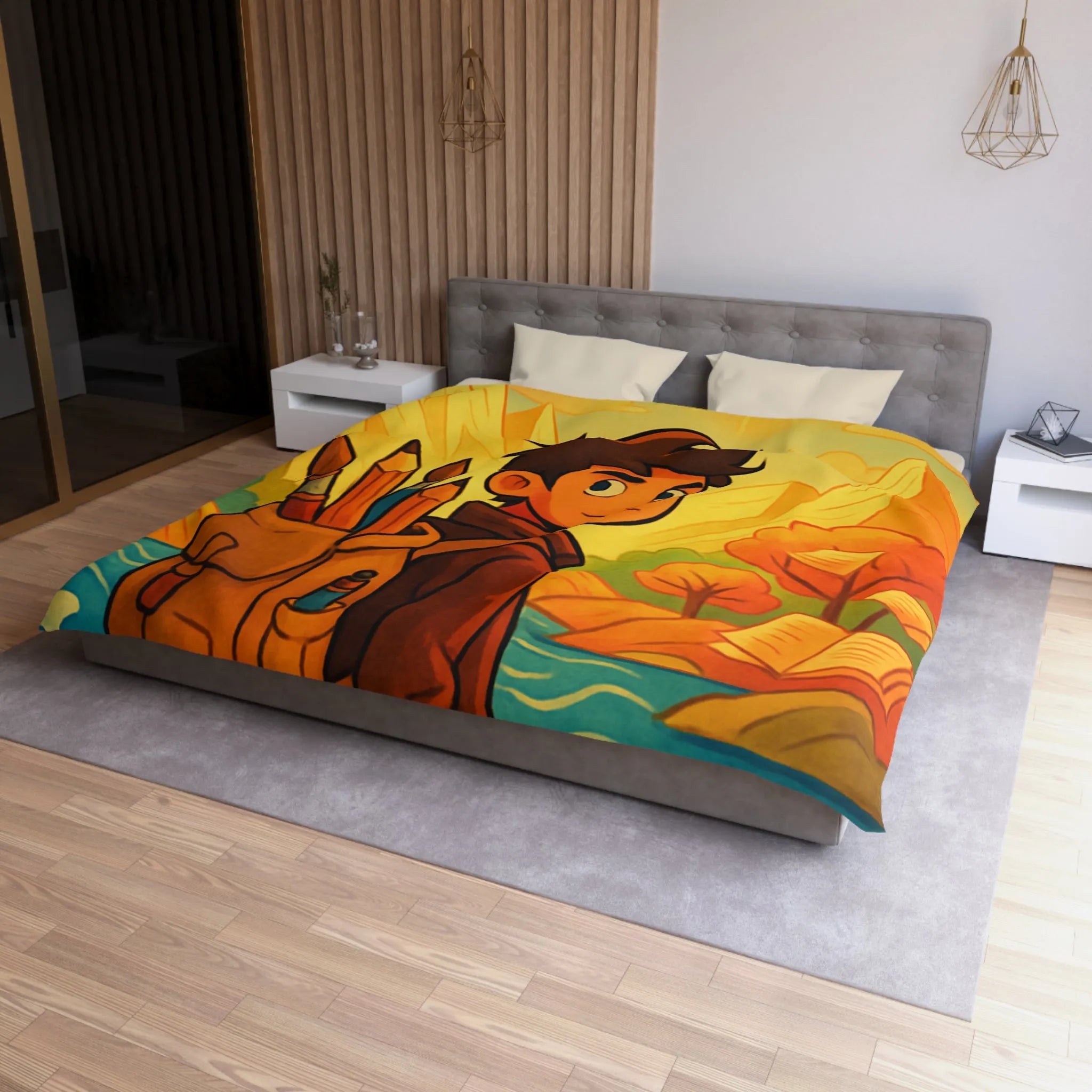 Housse de couette artistique colorée avec paysage lumineux et personnage aventureux dessiné