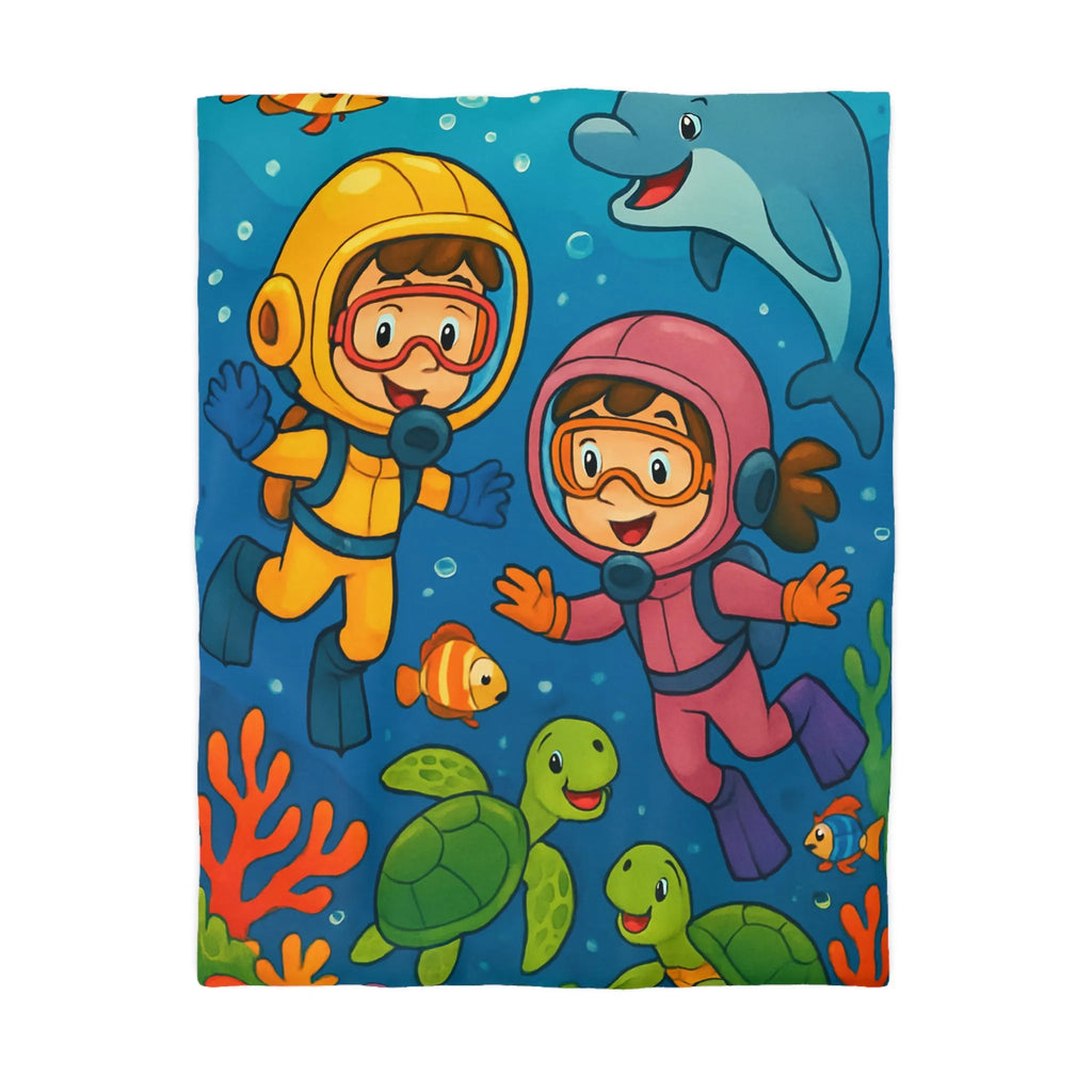 Housse de couette ludique pour enfant avec plongeurs et animaux marins multicolores