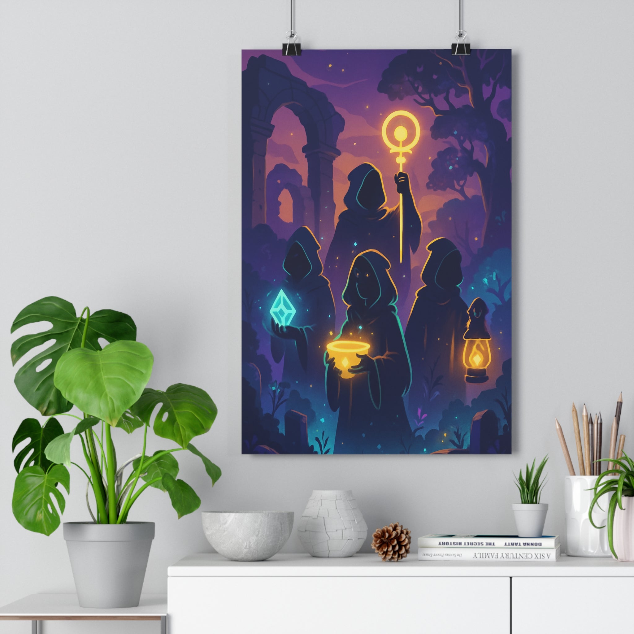 Poster décoratif fantasy enchanteur mystique méditation chambre crépusculaire animé lumineux figures paysage 30x46 cm