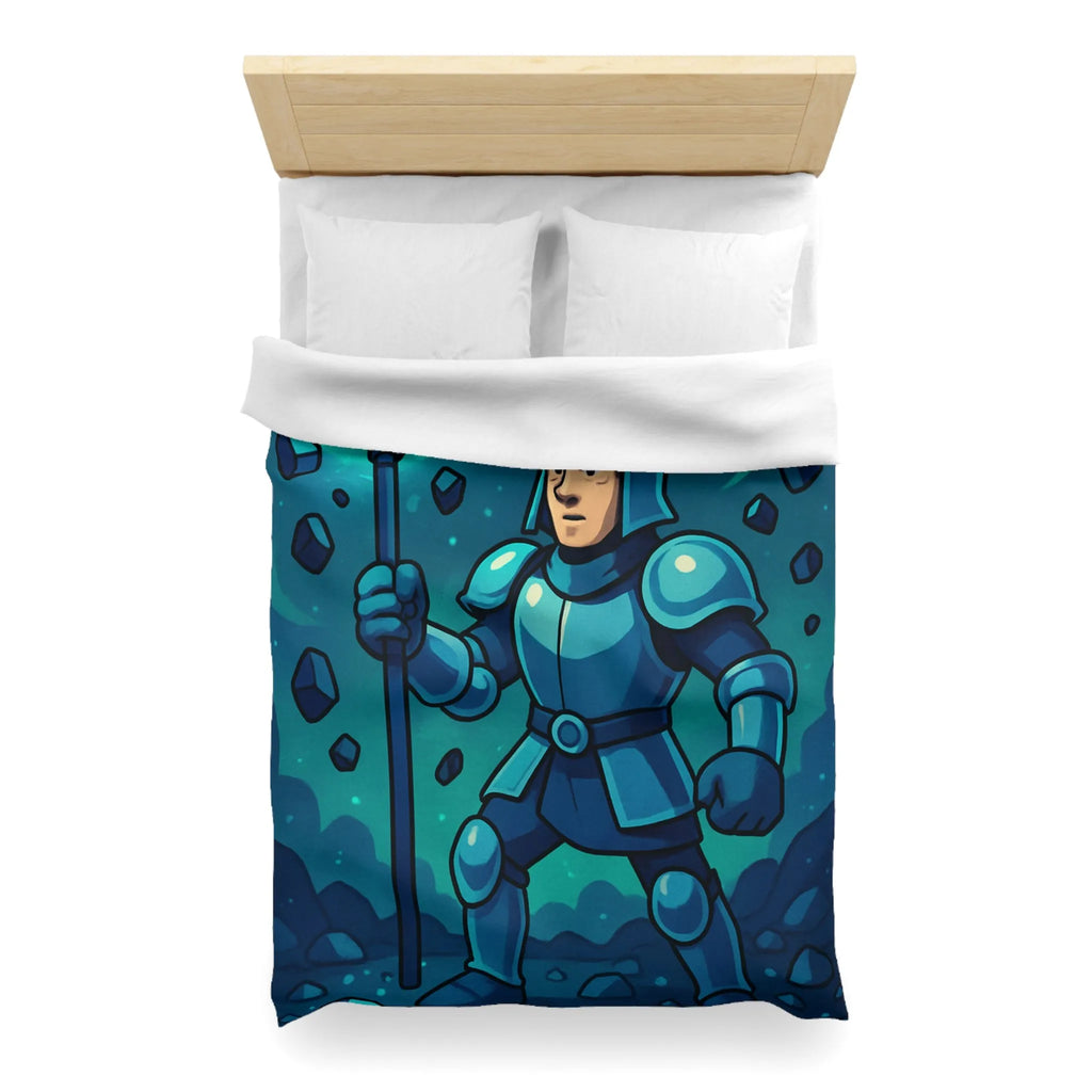 Housse de couette chevalier bleu avec sceptre magique et pierres précieuses sur fond nocturne