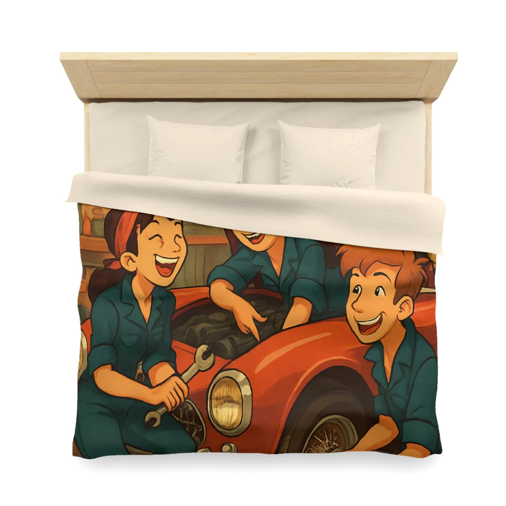 Housse de couette atelier mécanique vintage avec jeunes mécaniciens et voiture rouge joyeuse