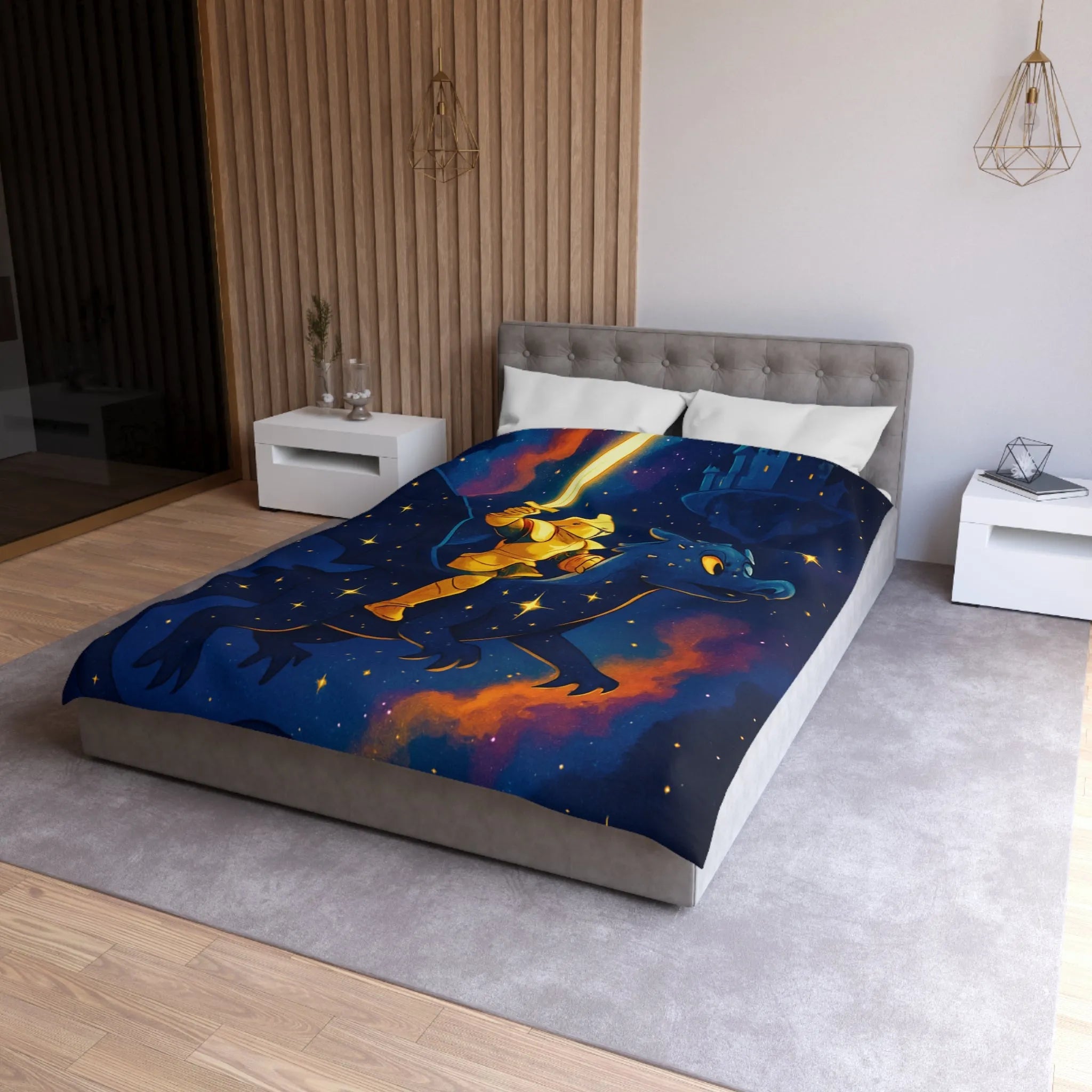 Housse de couette avec chevalier et dragon volant sous étoiles et château magique