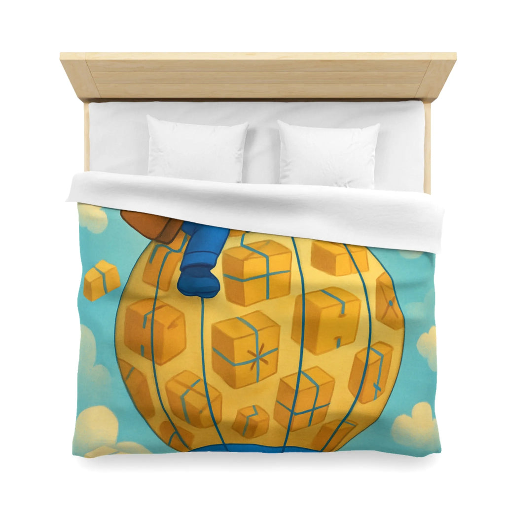 Housse de couette colorée avec montgolfière et livreur volant dans le ciel animés