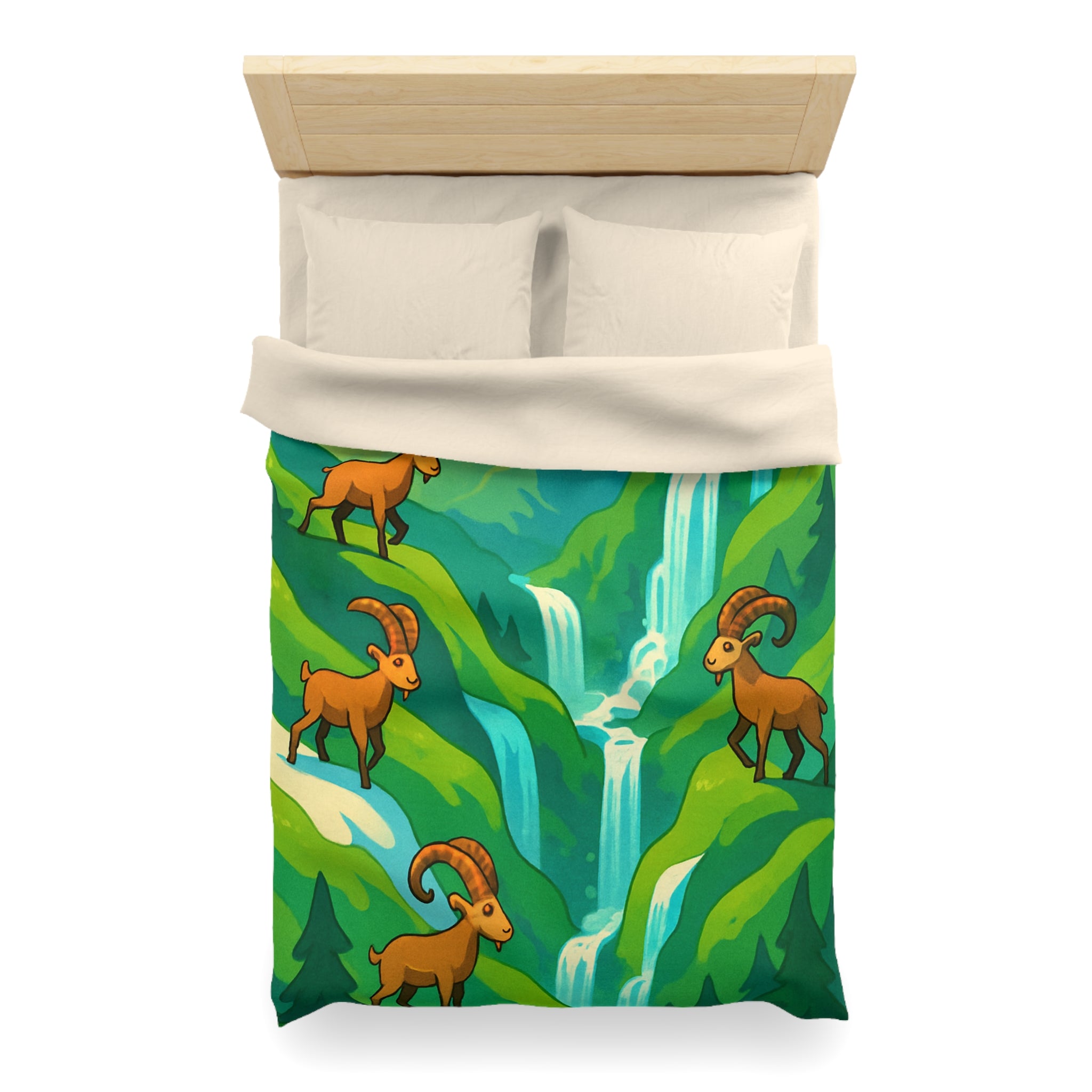 Housse de couette montagneuse avec bouquetins et cascades pour chambre paisible