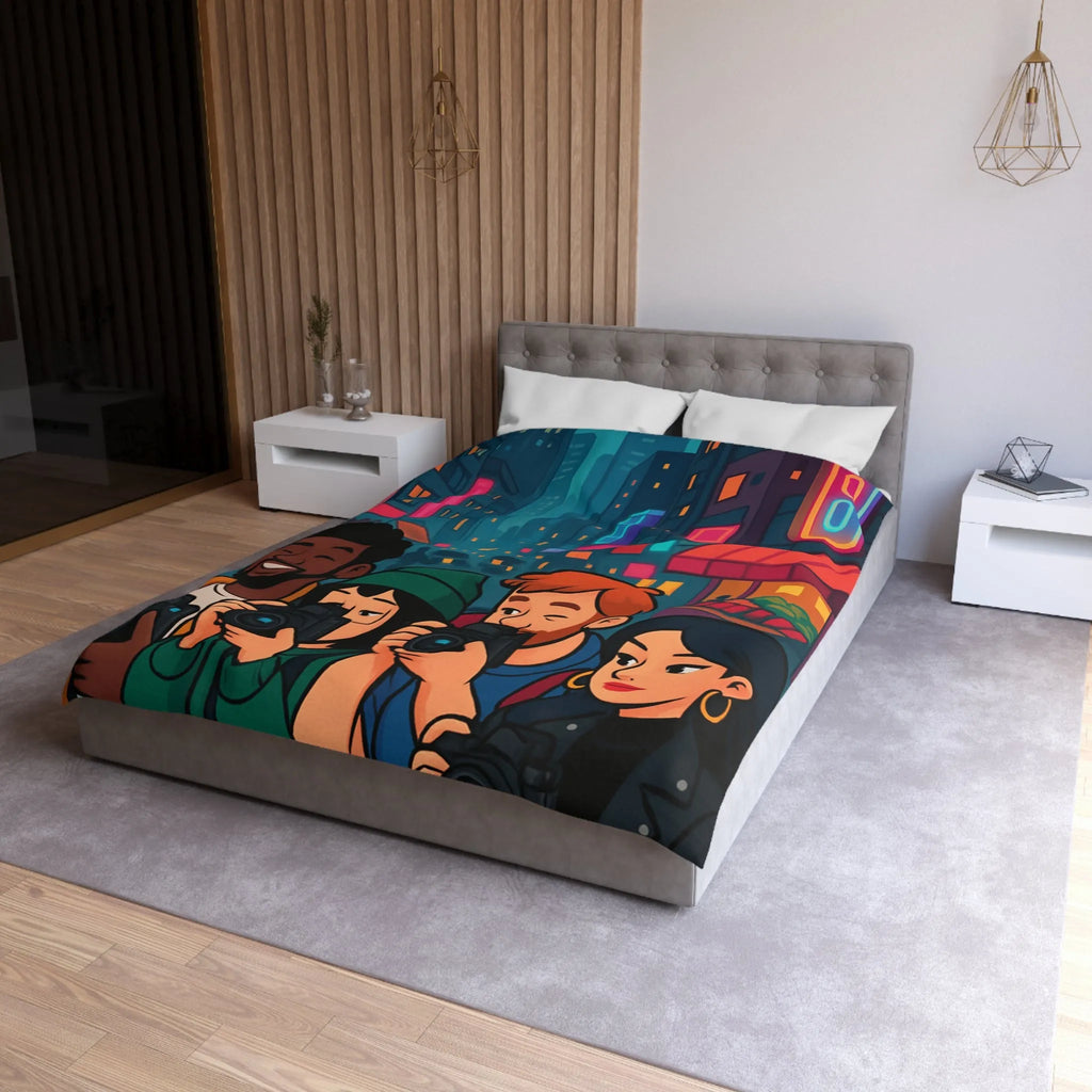 Housse de couette avec photographe urbain, design moderne et ambiance néon vibrante