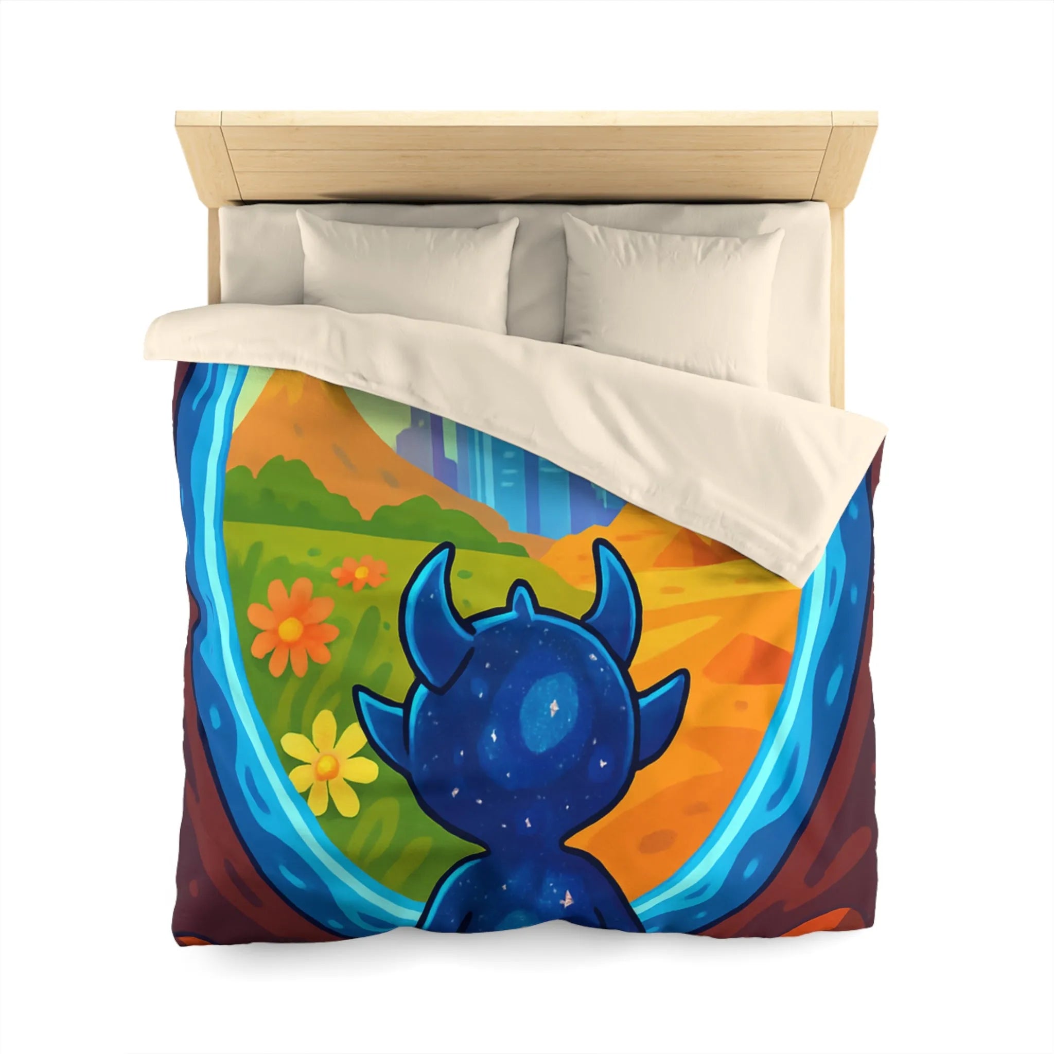 Housse de couette colorée avec créature cosmique et paysage futuriste magique