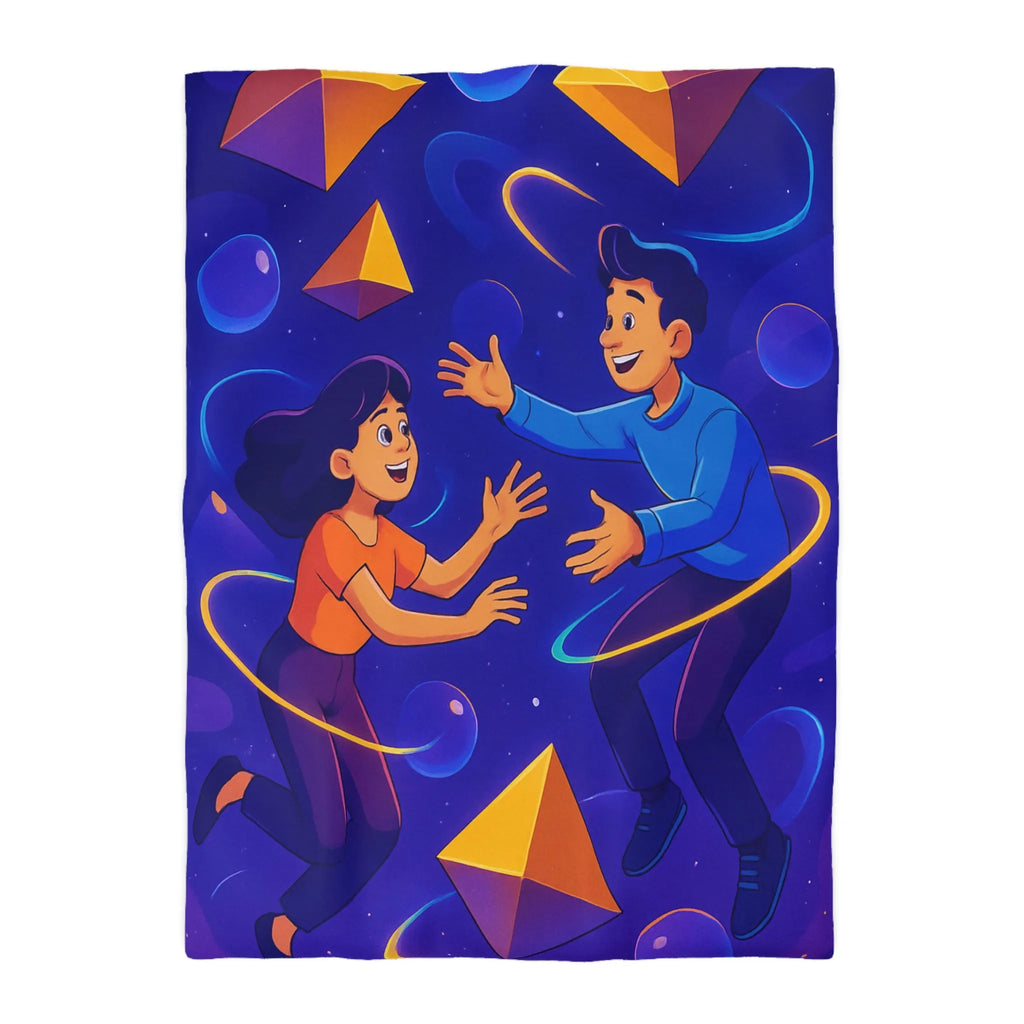 Housse de Couette Design Géométrique Magnifique avec Personnages Colorés et Éléments Spatiaux Vibrants