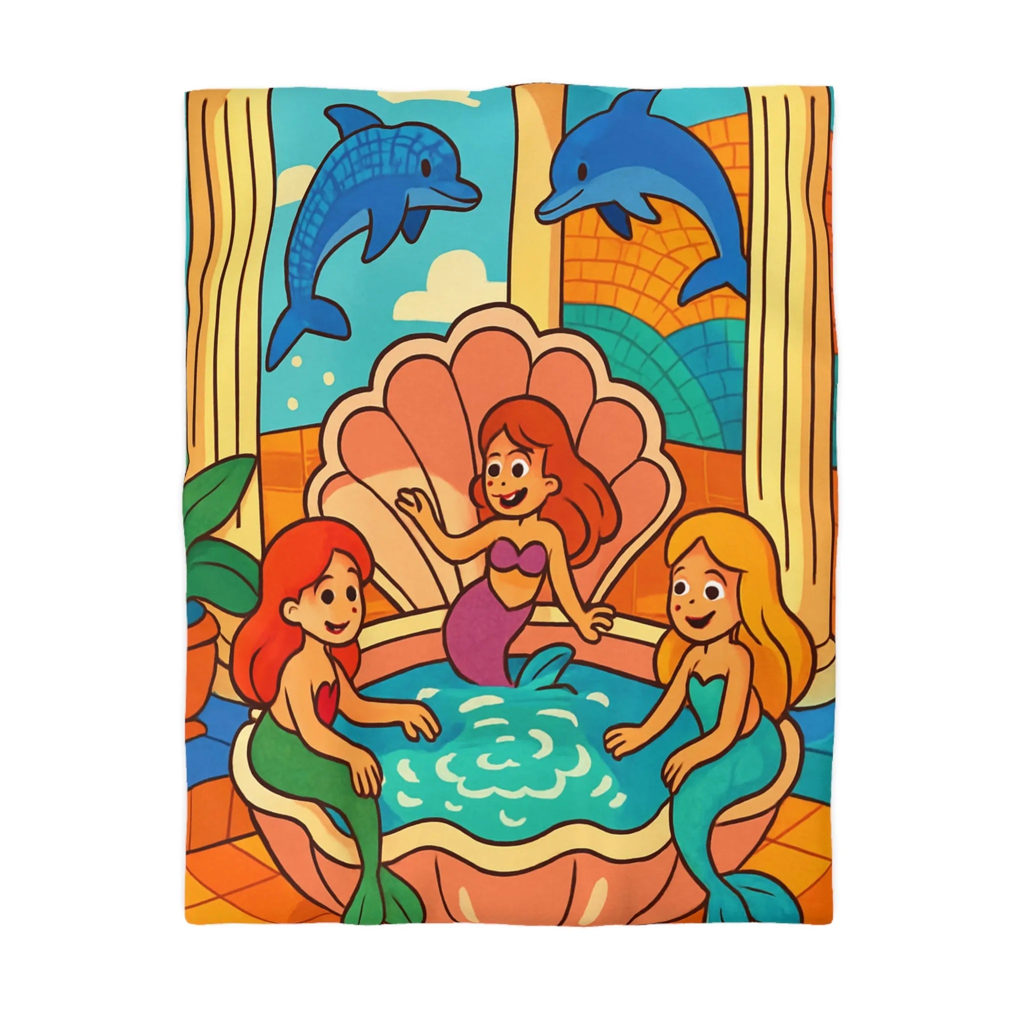 Housse de couette artistique avec sirènes joyeuses dans un coquillage, ambiance paradisiaque