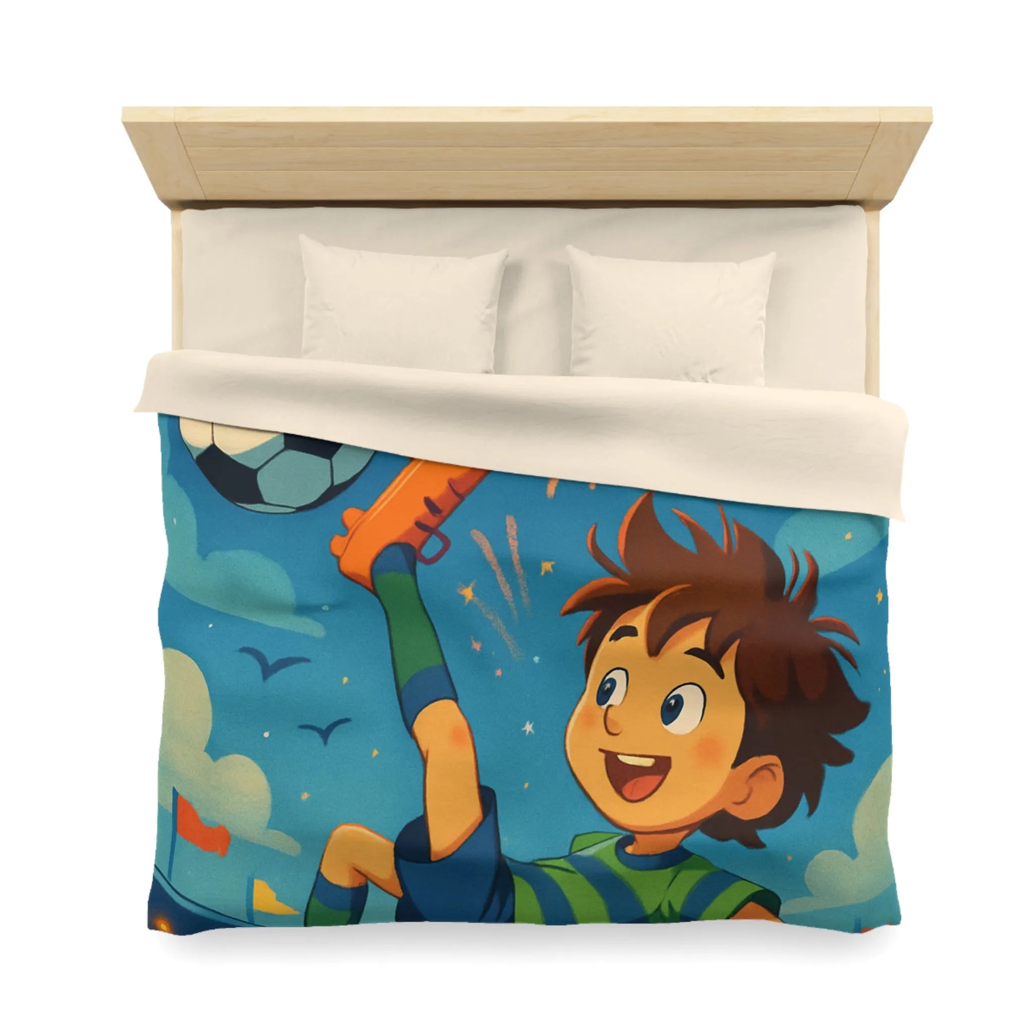 Housse de Couette Enfant Festive avec Football et Feux d'Artifice Multicolores Animés