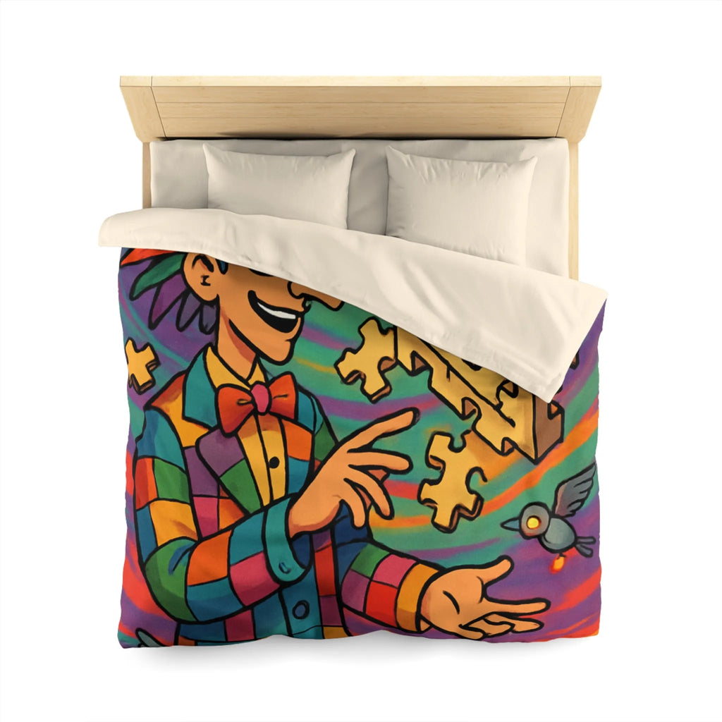 Housse de couette colorée avec illusion d'optique géométrique et motif de clown vibrant