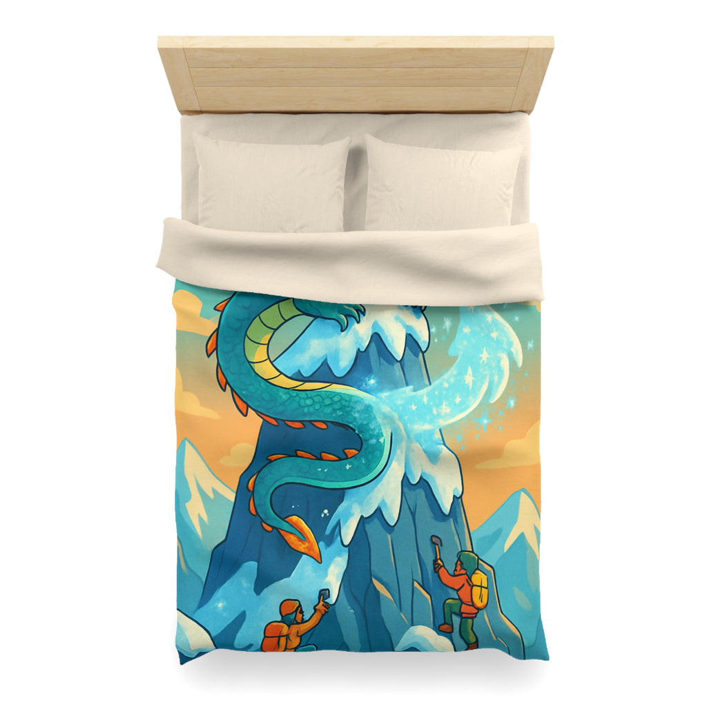 Montagne enneigée gardée par un dragon crachant de la glace, aventure épique illustrée