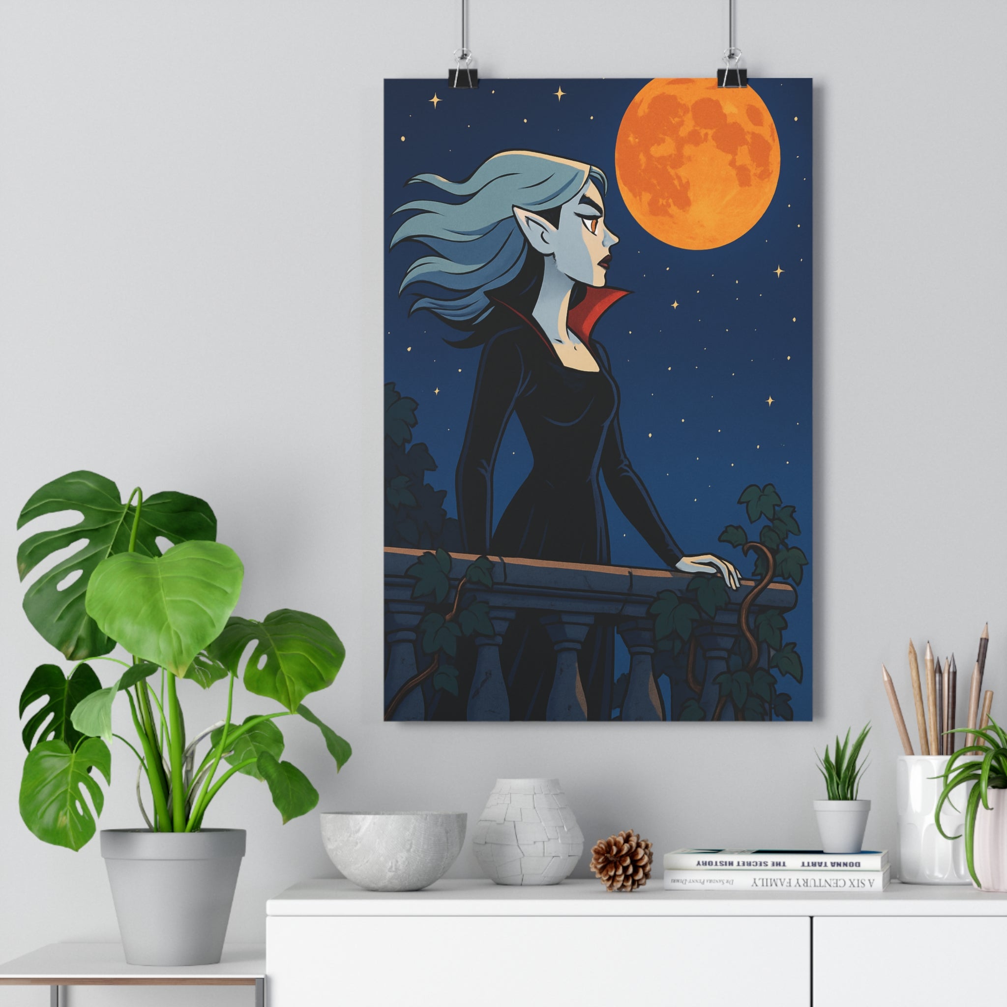Poster décoratif mystérieux nocturne argenté noir lune orange étoilé animé artistique salon chambre vintage