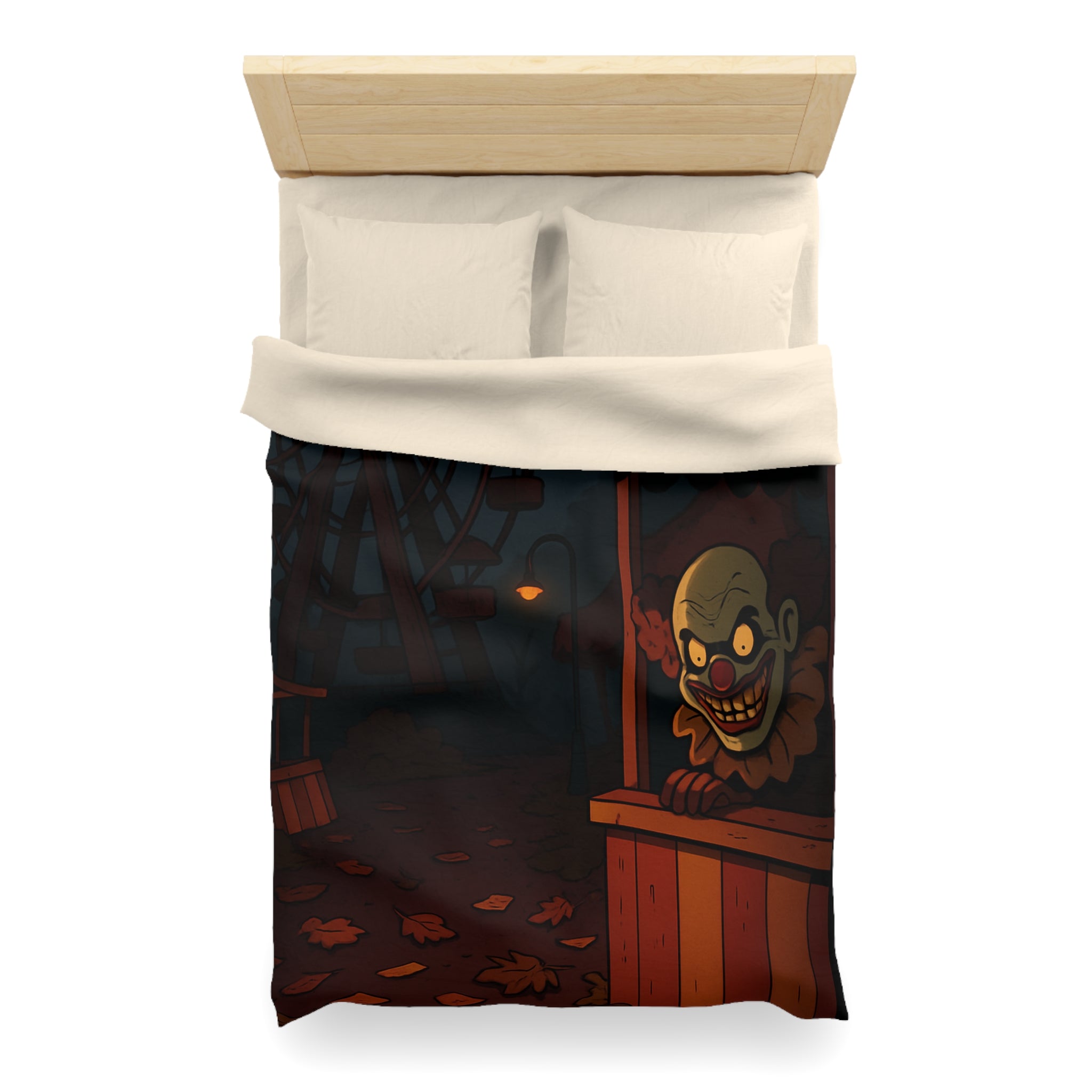 Housse de couette terrifiante avec clown sinistre et grande roue inquiétante la nuit