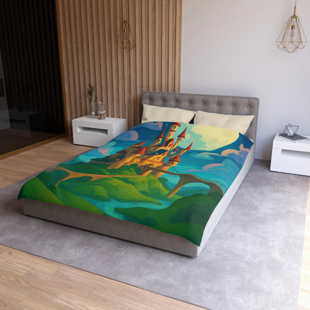 Housse de couette château féerique illuminé par la lune dans un paysage enchanteur nocturne