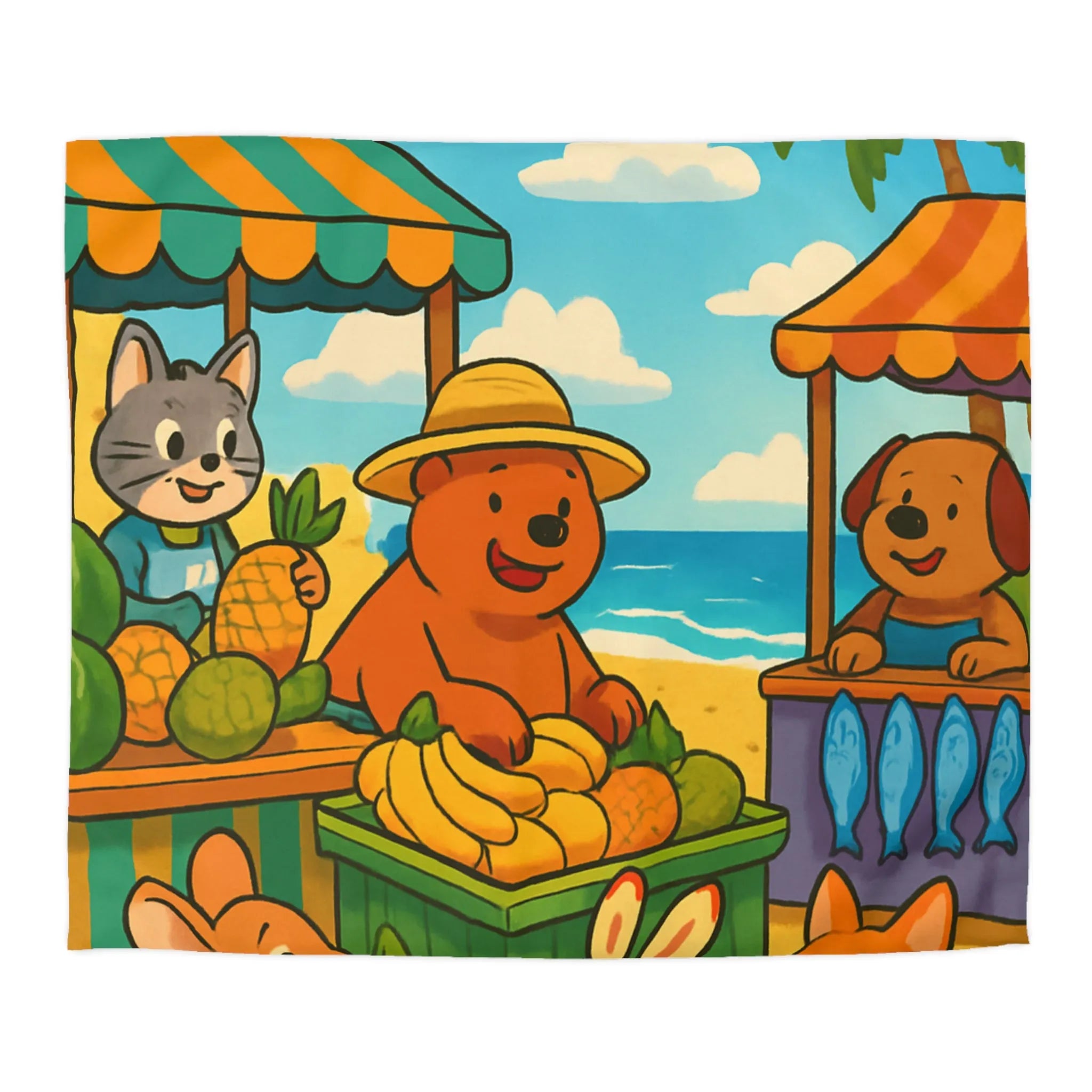 Housse de couette enfant avec animaux mignons sur plage et étals de fruits