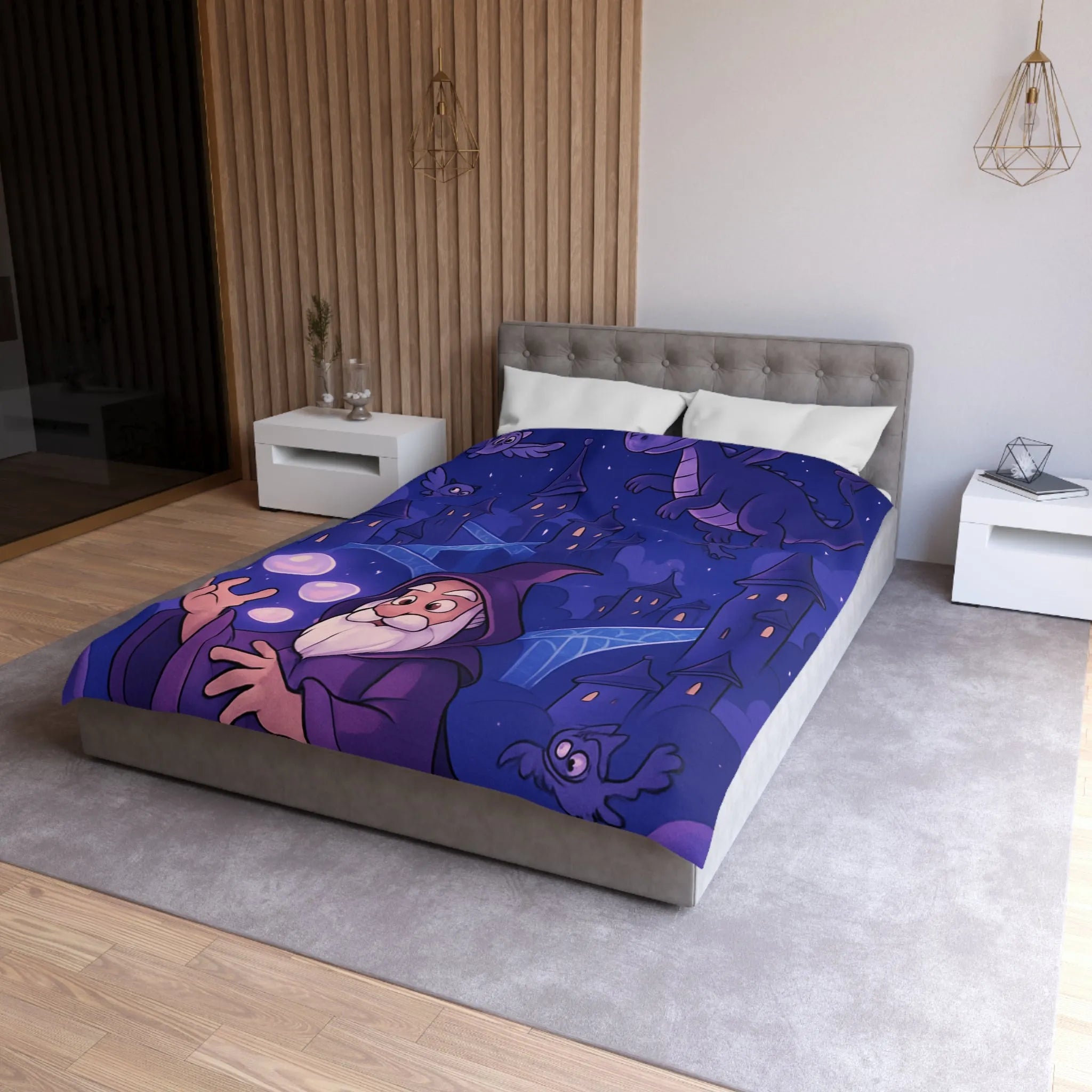 Housse de couette magique avec dragon violet, hiboux et sorcier devant château