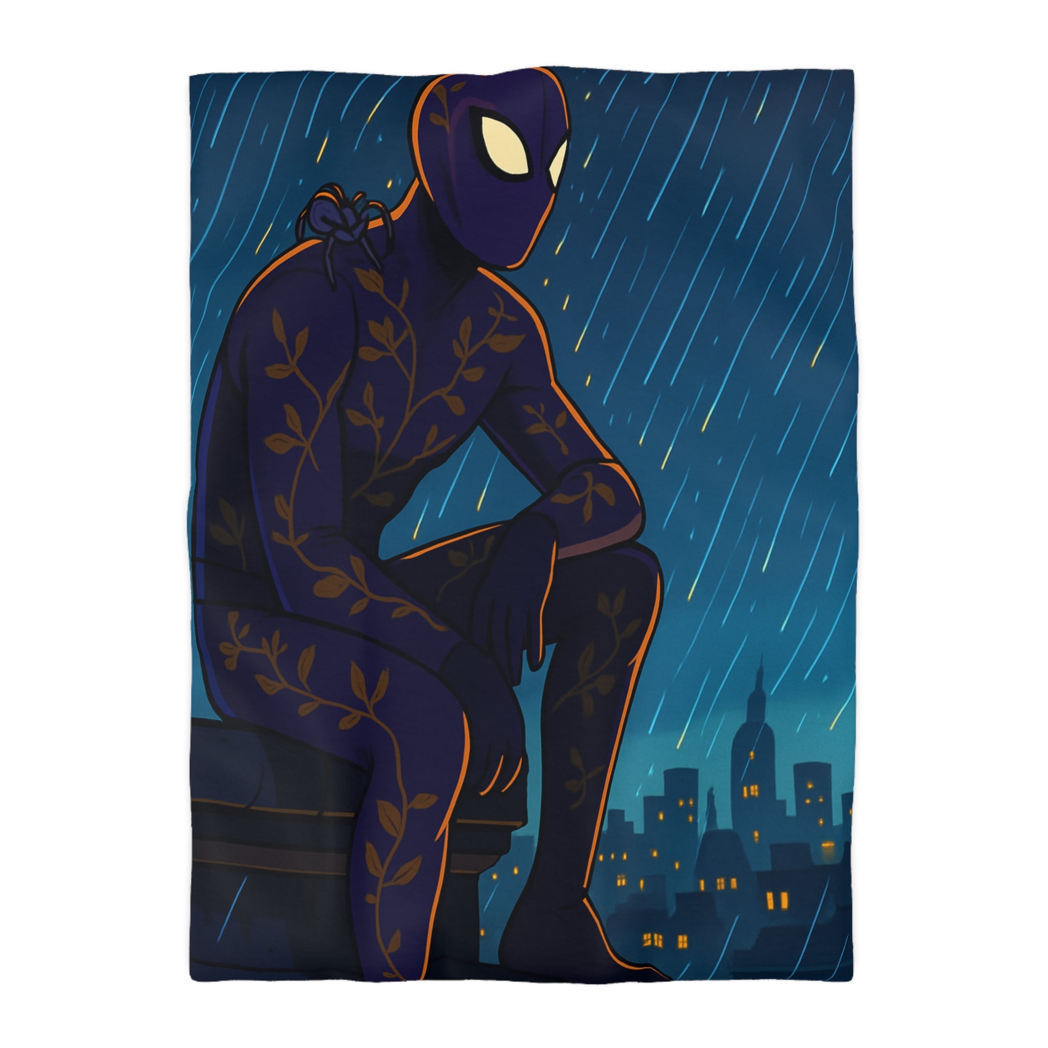 Housse de couette violette avec super-héros mystérieux sous la pluie nocturne colorée