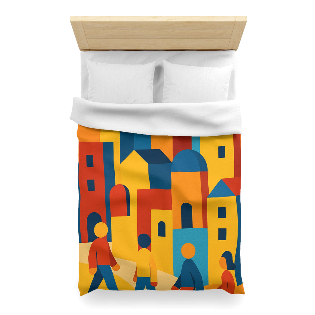 Housse de Couette Moderniste aux Couleurs Chaudes Illustrant Ville Effervescente et Silhouettes Humaines