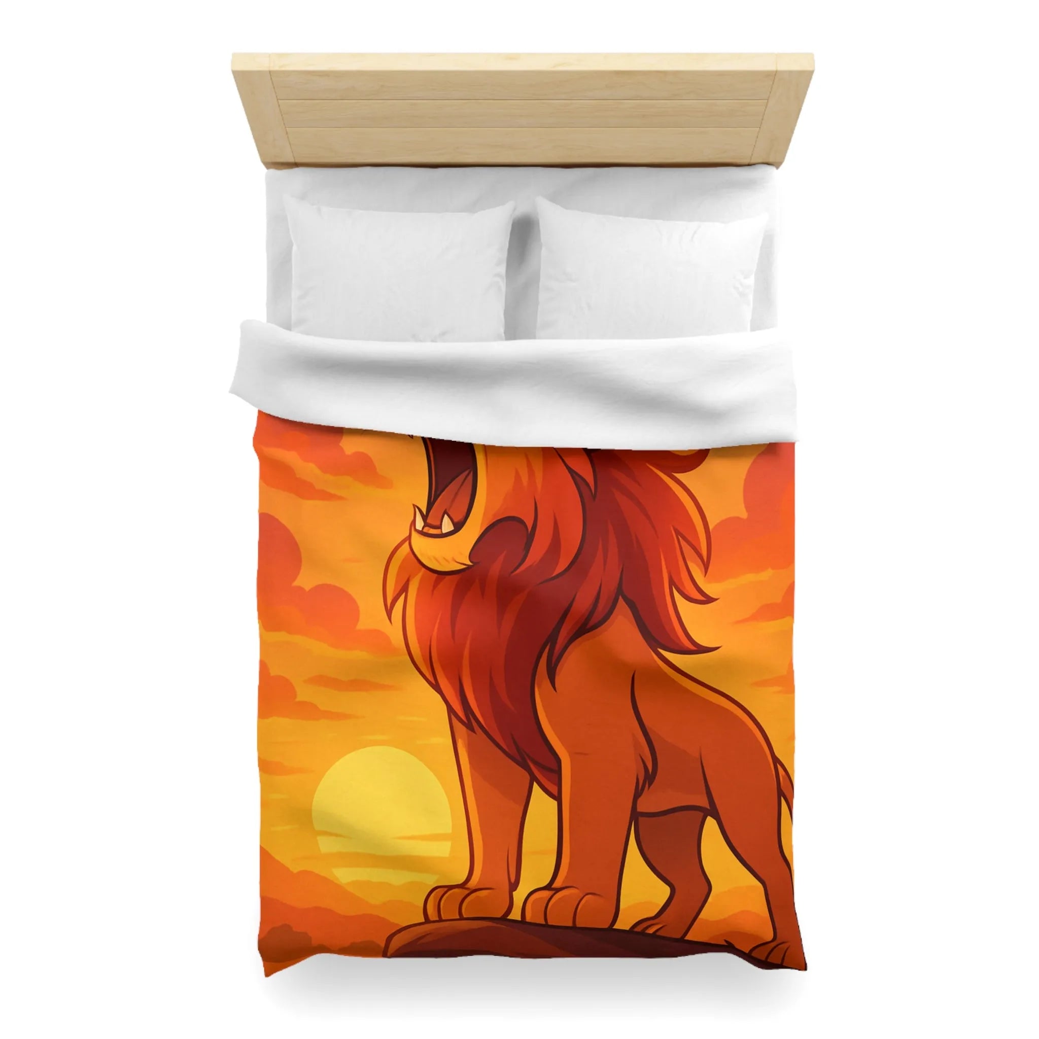 Housse de couette illustrée lion majestueux sur fond de coucher de soleil vibrant